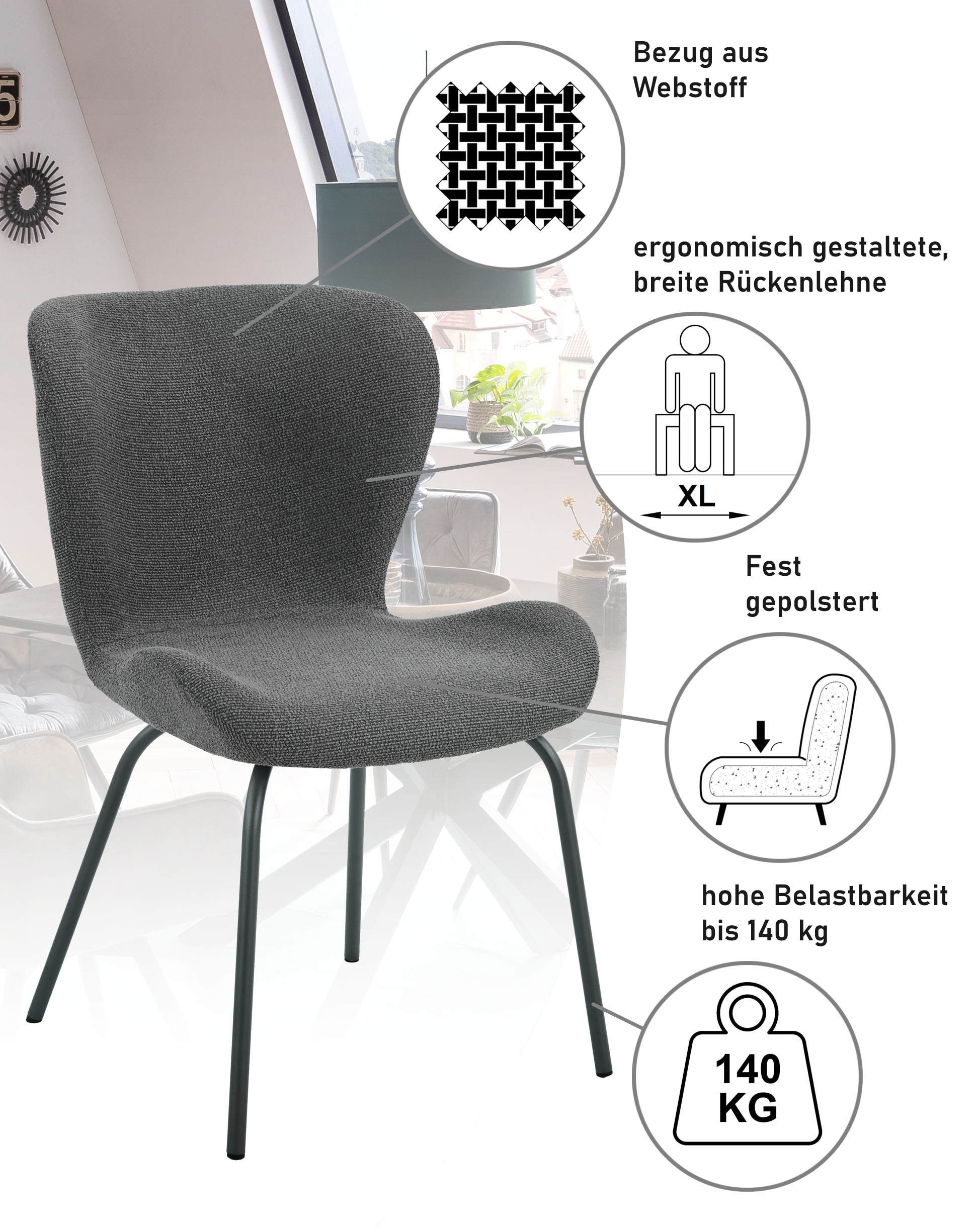 HELA Chaise à 4 pieds »LAGOS« (Set) 1 cuis4-Fussstuhl XL, Gestell angepasst, Webstoff, 140kg belastbar