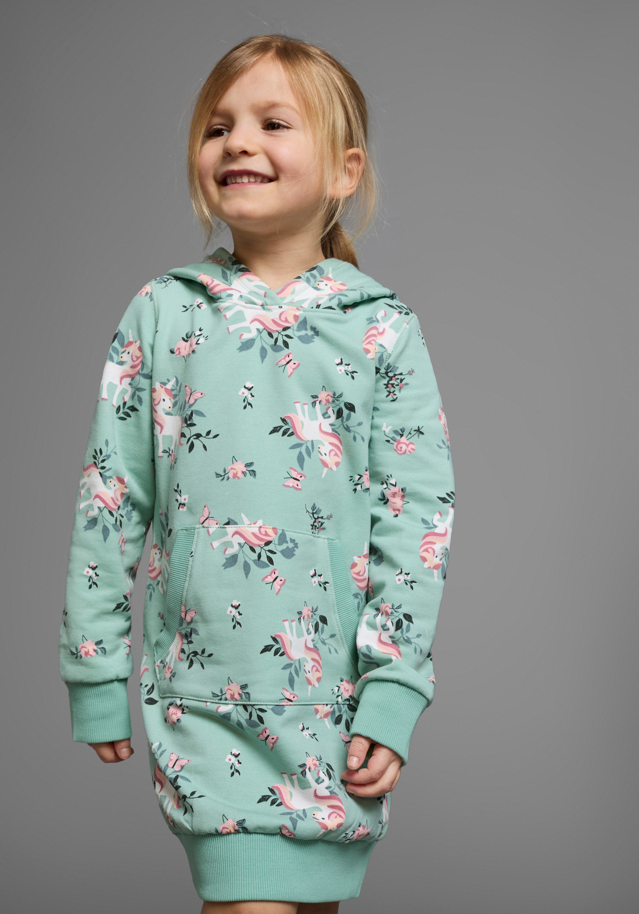 Image of KIDSWORLD Sweatkleid "Einhorn" Kängurutasche bis Mitte des Oberschenkels, mädchenhafter Style