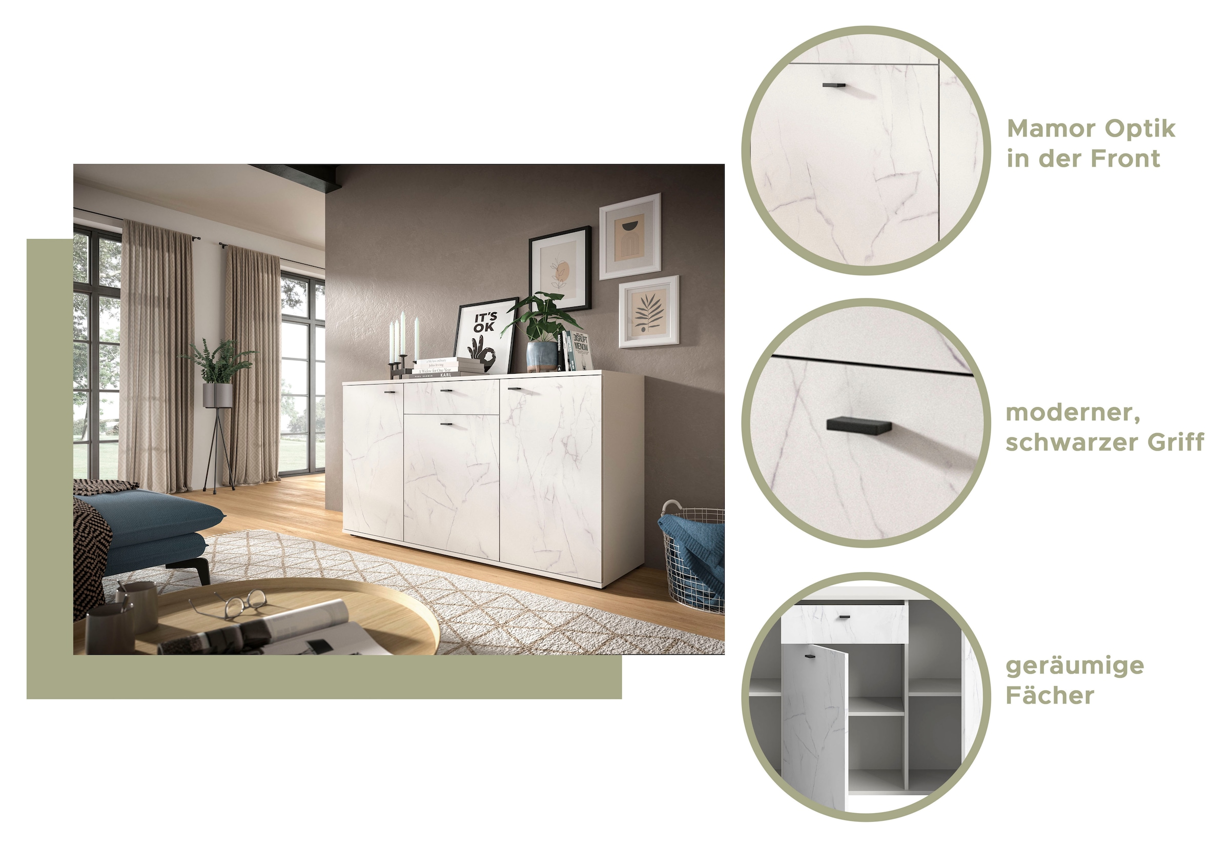 INOSIGN Kommode »CALCOLO, Breite 86 cm, 2 Türen mit Soft-Close-Funktion, 4 Fächer«, Anrichte,Sideboard, Schrank