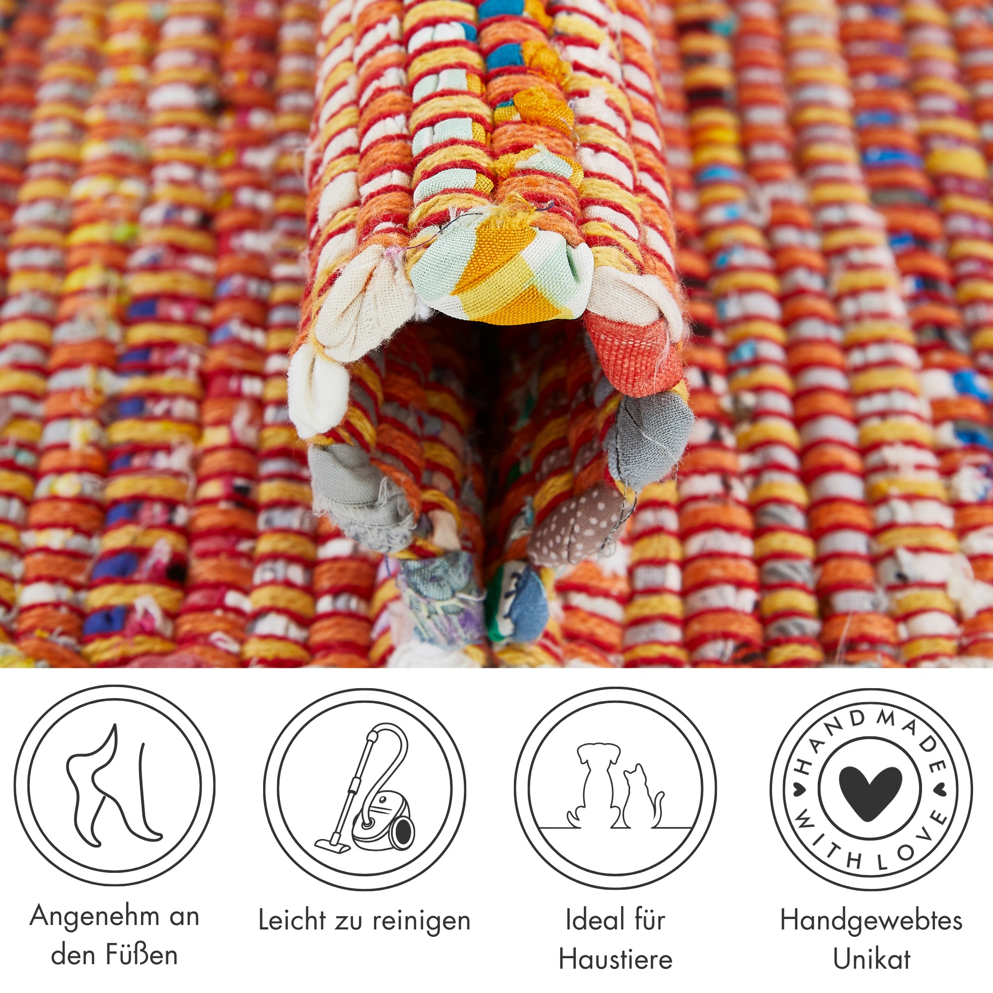 Andiamo Tapis »Frida« Rectangulaire 8 mm Höhe Handweb Teppich, Fleckerl, reine Baumwolle, handgewebt, mit Fransen