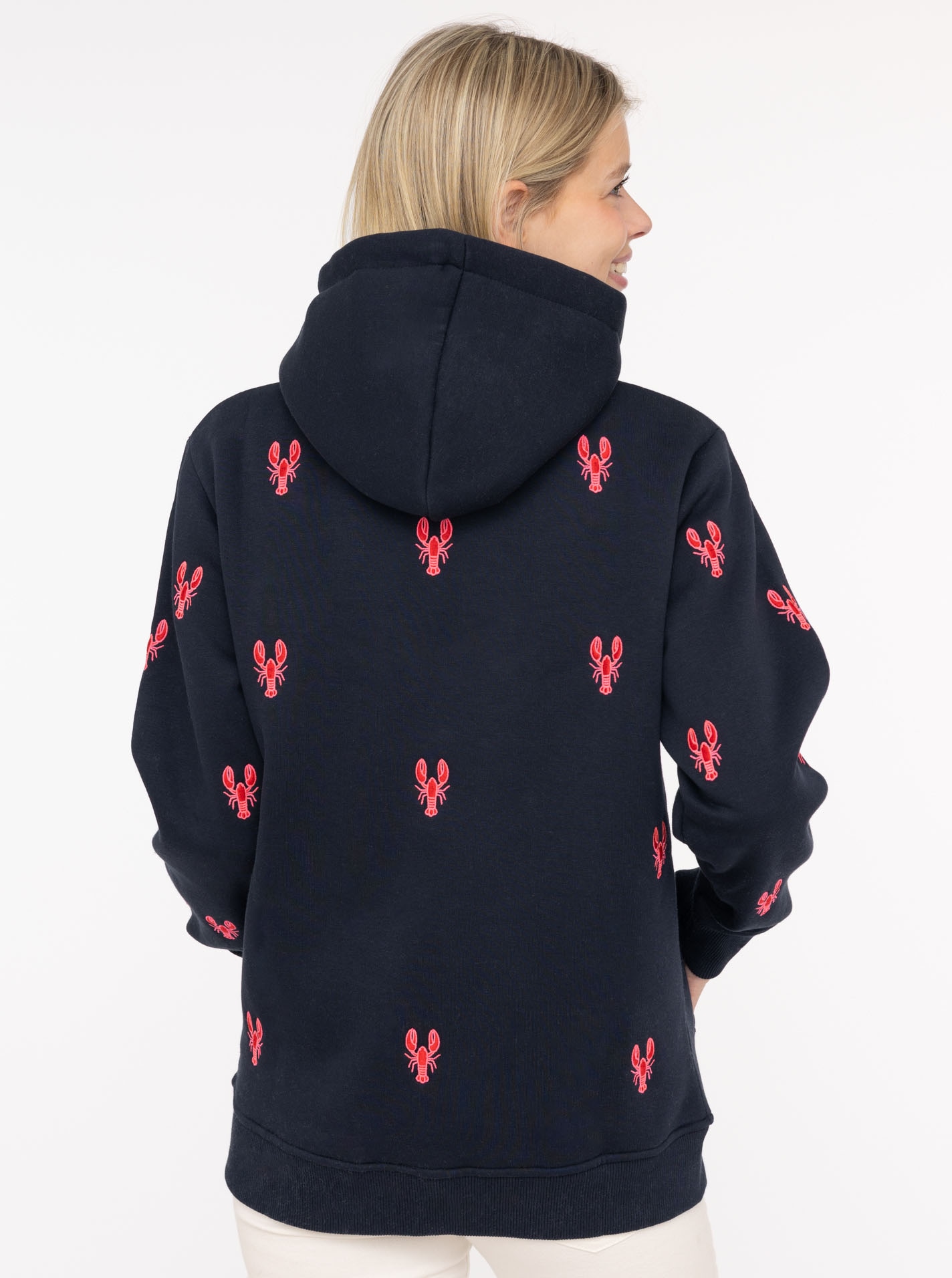 Zwillingsherz Kapuzensweatshirt, Hummer-Stickerei, Kapuze, Kordelzug, Baumwollmix