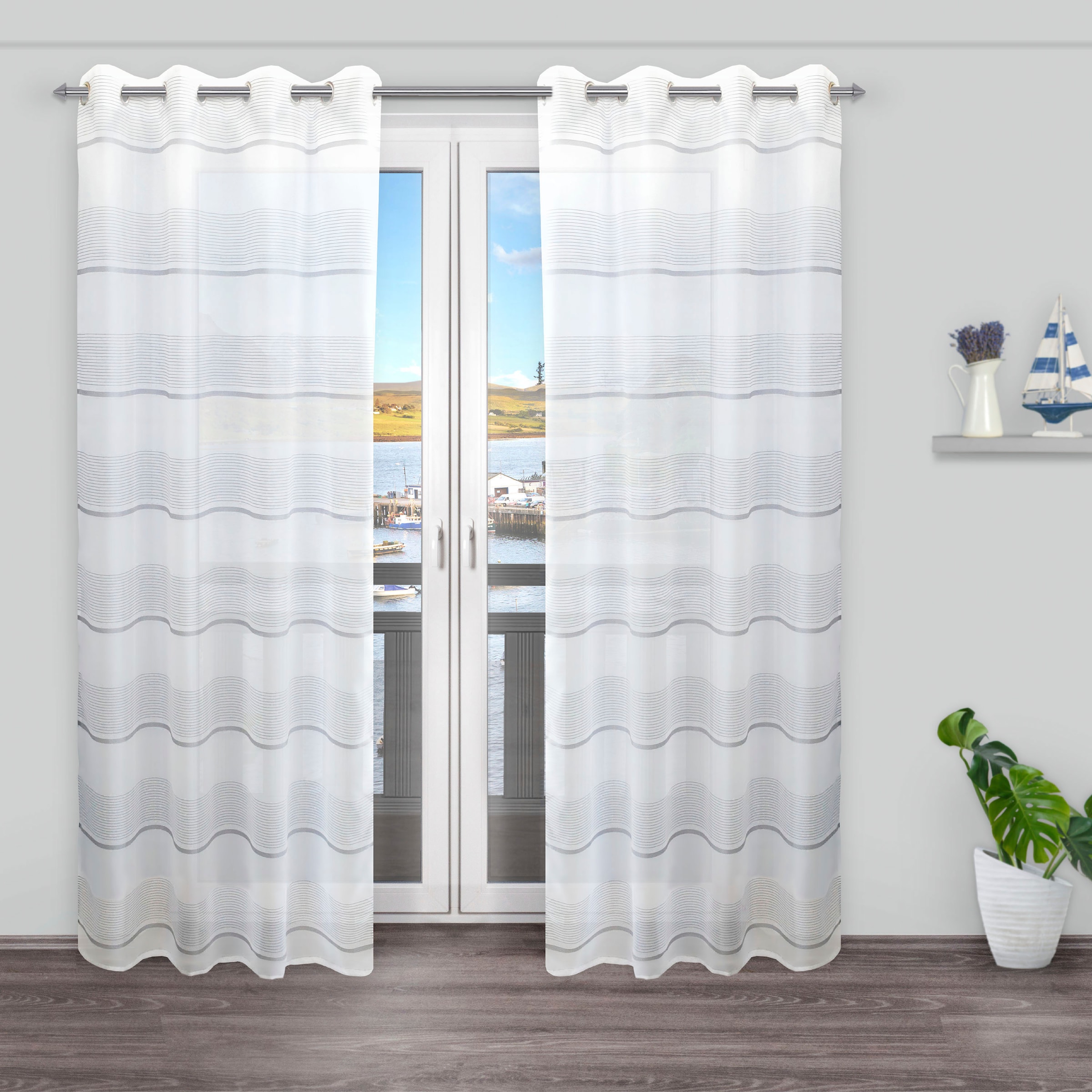 Image of decolife Gardine "Hani" Ösen 1 Stk. tlg. Ösenschal Hani weiss-grau gestreift