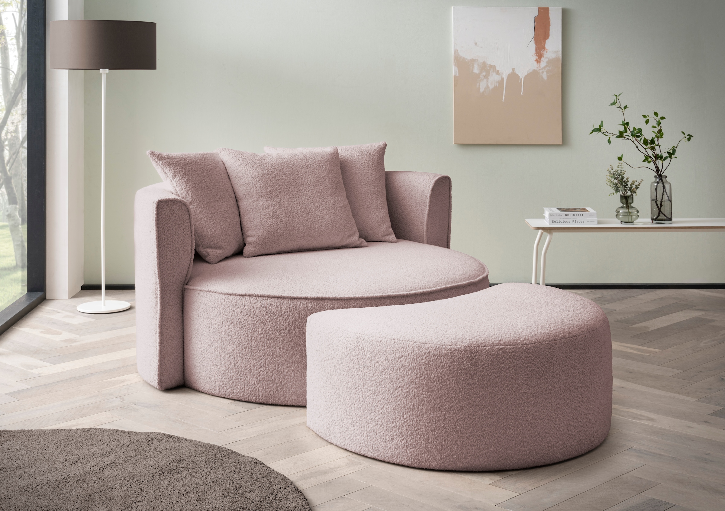 LeGer Home by Lena Gercke XXL-Sessel »Isalie, Rundsessel mit Hocker, Lesesessel, Loveseat, Big-Sessel«, (Set), trendige Stoffe, mit 3 Zierkissen, grosse Sitzfläche