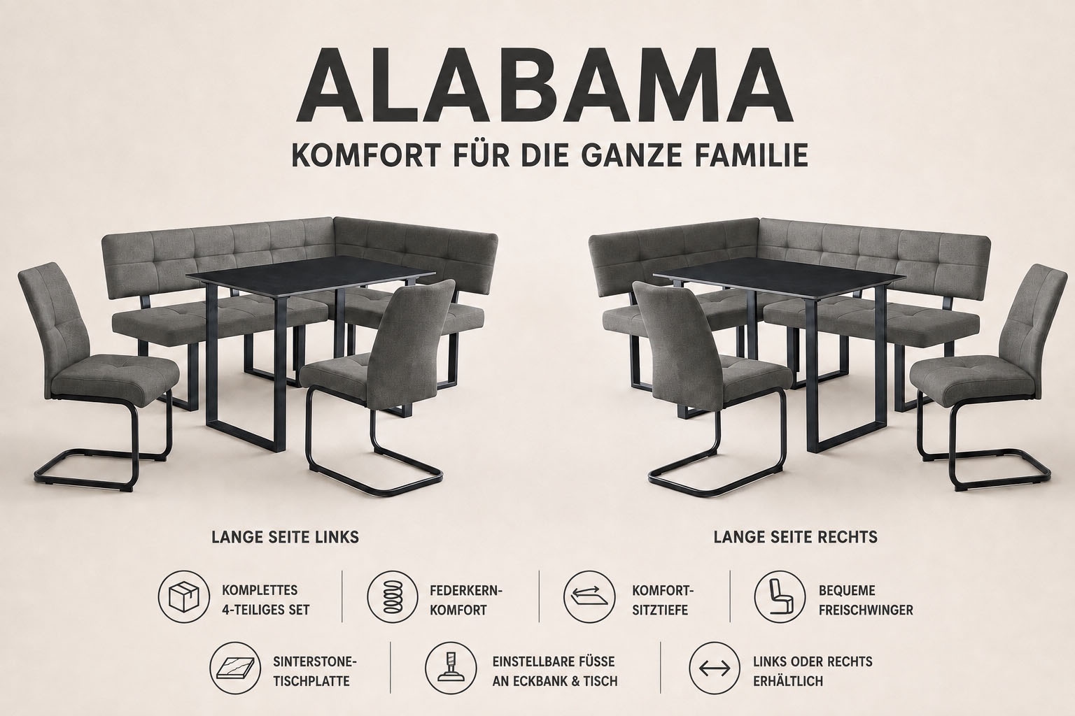 GOODproduct Ensemble de bancs d'angle »Alabama« Ensemble d'épargne, 4 tlg. Sitzgruppe mit Federkern, 2 Freischwingern und Sinterstein-Tisch