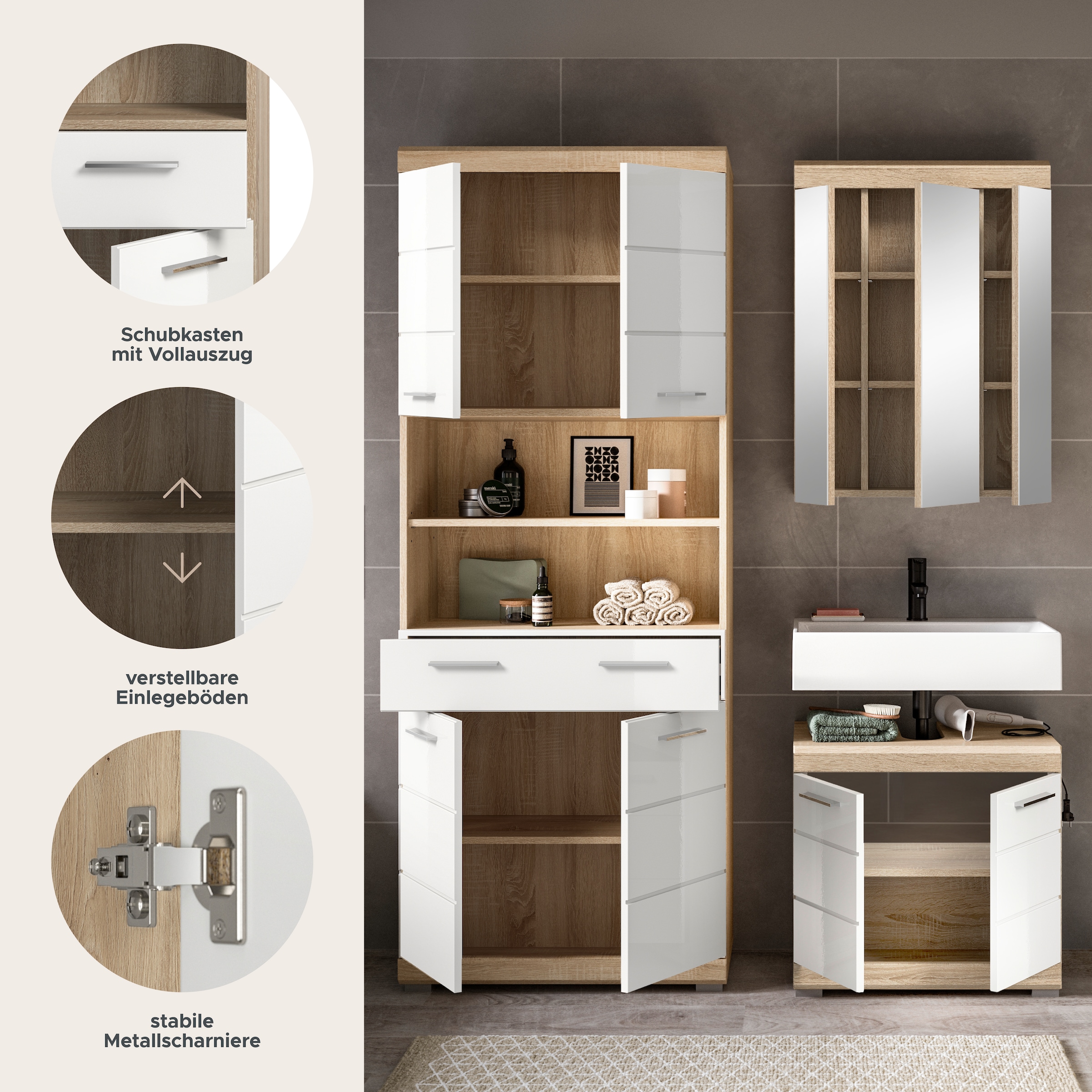 welltime Ensemble de meubles de salle de bain »SIENA, TOPSELLER!, Breite 149cm, 3-teiliges Set« Set, bestehend aus: Hochschrank, Waschbeckenunterschrank & Spiegelschrank, 3 cuis tlg.