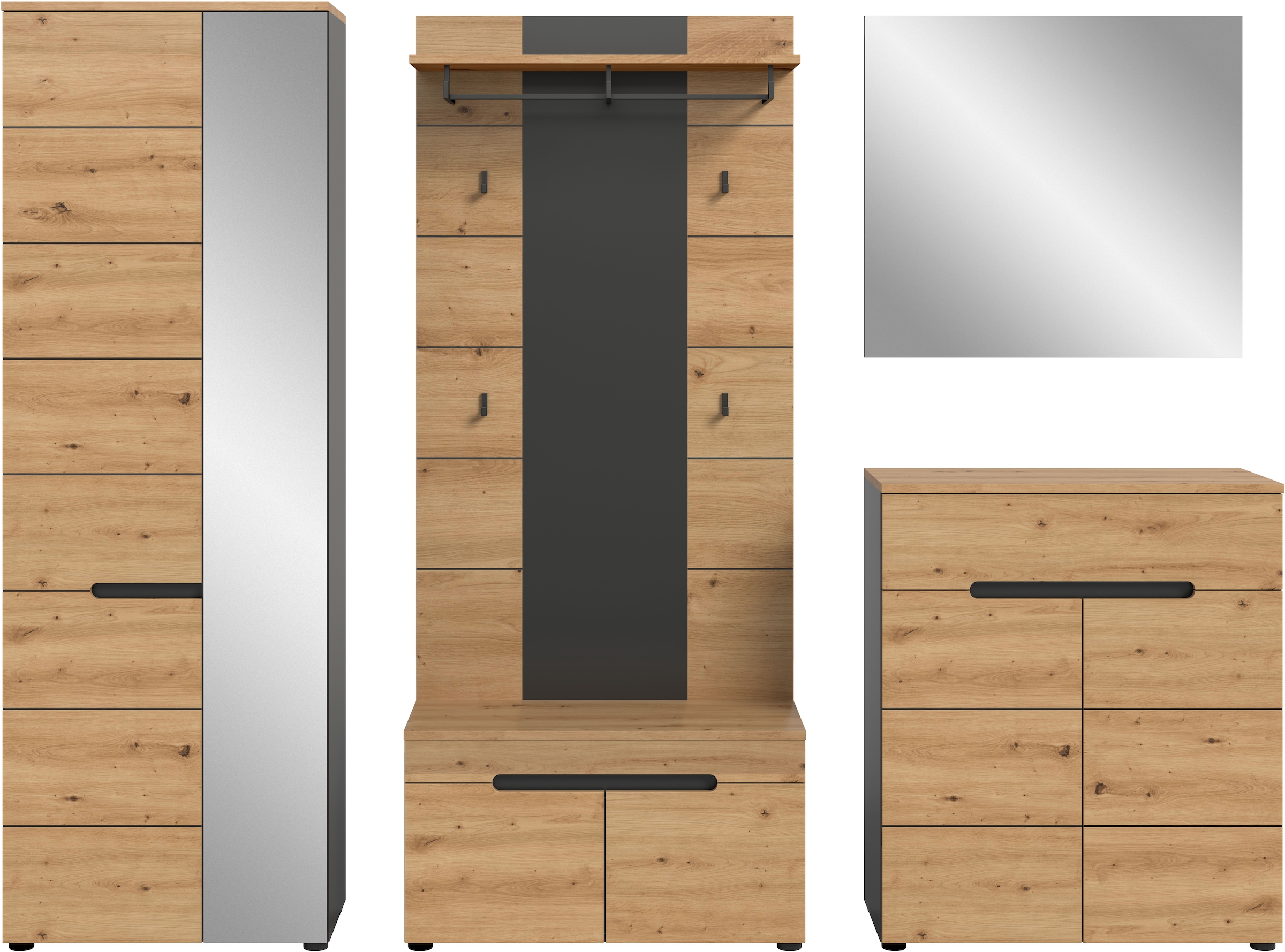 Home affaire Garderoben-Set »REHAT, TOPSELLER!, 5-teilig, Breite 255cm, individuell erweiterbar« Set, bestehend aus: Garderobenschrank, Sitzbank, Paneel, Spiegel, Kommode, 5 Stk. tlg.