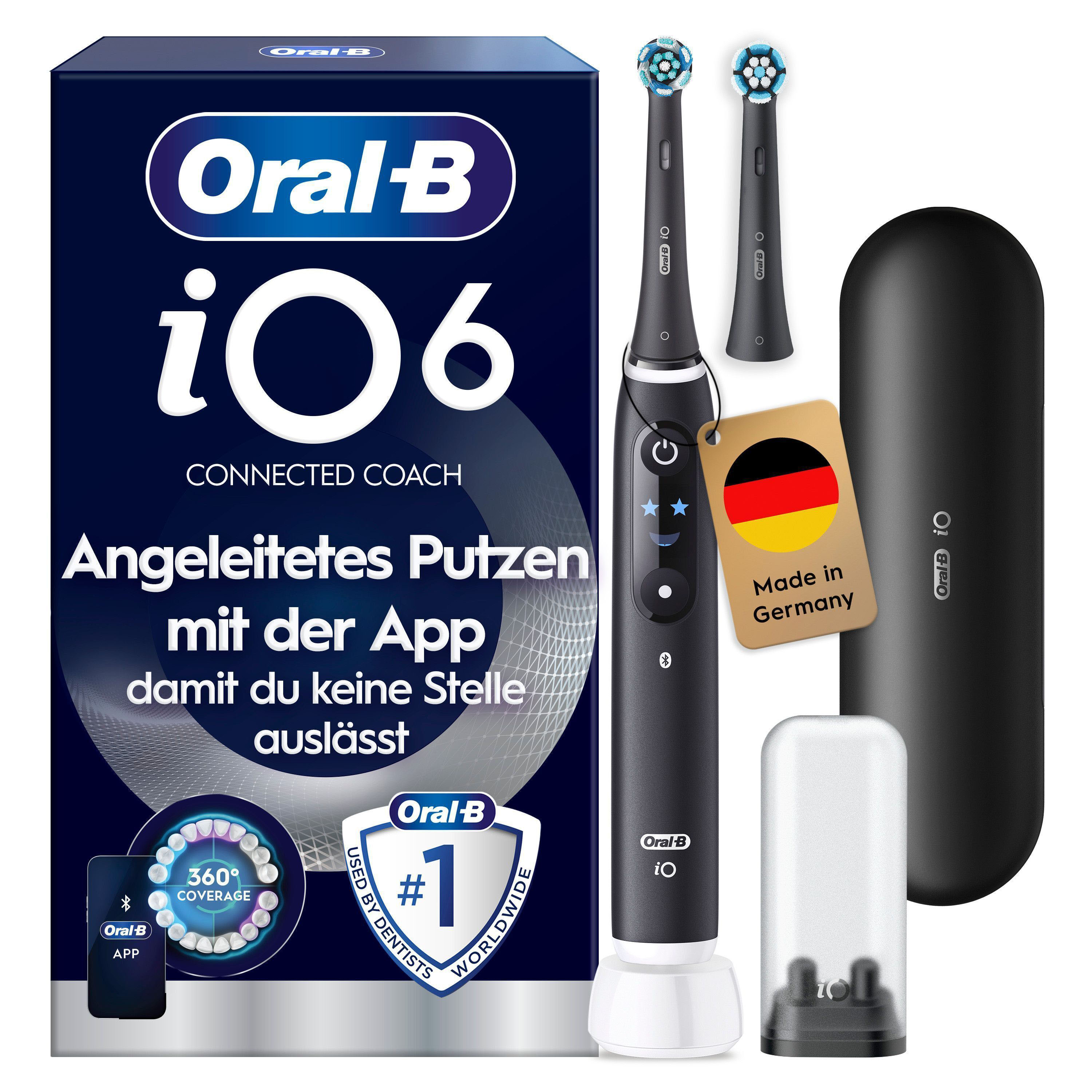 Oral-B Elektrische Zahnbürste "iO 6" 2 Stk. Aufsteckbürsten mit Magnet-Technologie, Display, 5 Putzmodi, Reiseetui