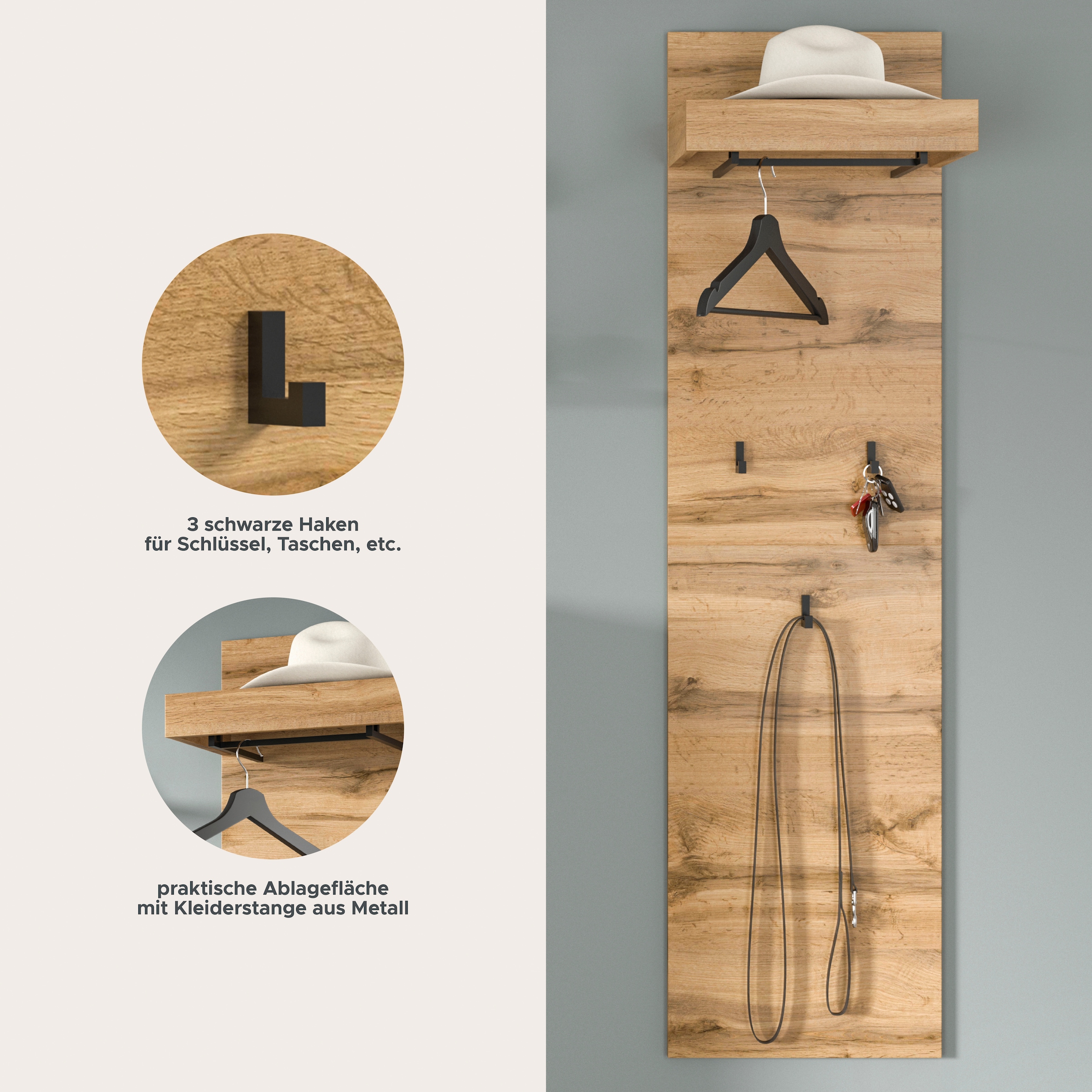GOODproduct Garderobenpaneel »MAMBO, Höhe 150cm, 3 Haken, Ablageboden, Garderobenstange« individuell mit weiteren Artikeln der Serie MAMBO kombinierbar, 1 Stk. tlg. Paneel, Garderobe, Flur, Diele, Hakenleiste