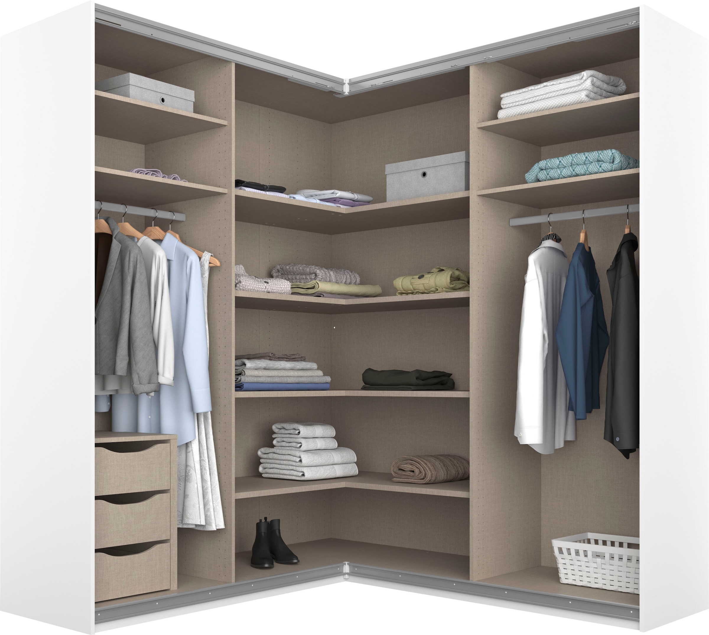 rauch Schwebetürenschrank »Kleiderschrank Garderobe Eckkleiderschrank QUADRA mit edler Glasfront« Mass 181x187 cm, Höhen 210/229 cm, inkl. Soft-Close-Funktion,  extra grosser Eckschrank inkl. Schubladeneinsatz MADE IN GERMANY