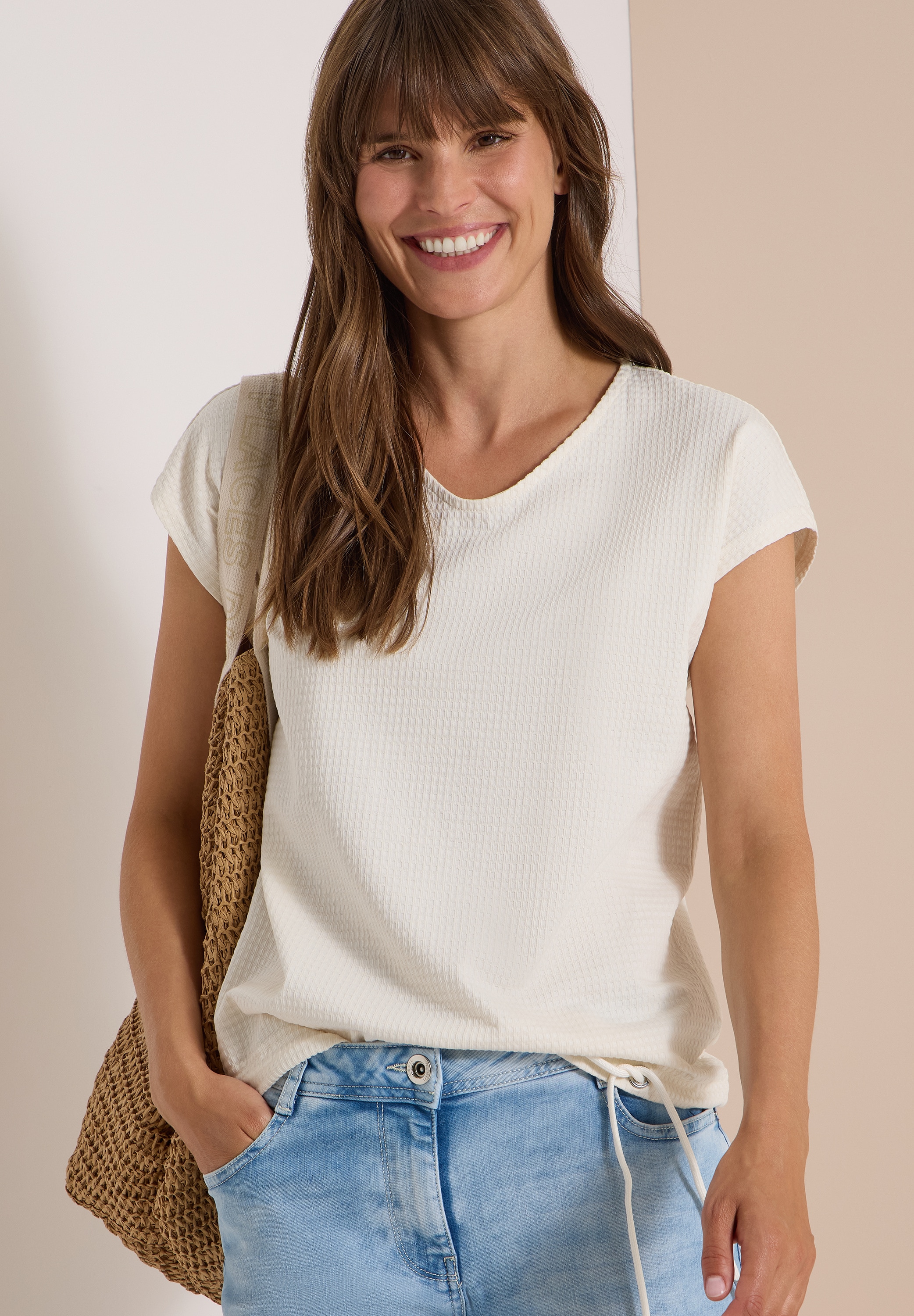 Cecil T-shirt T-shirt d'été à structure gaufrée, mélange de coton, cordon de serrage à l'ourlet