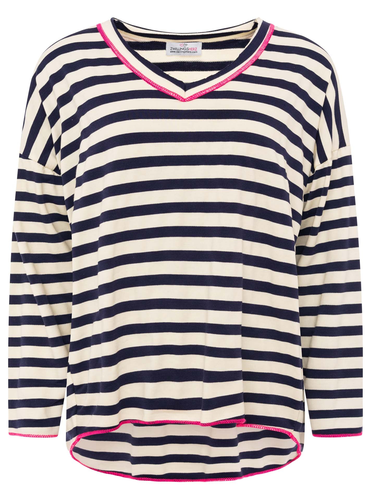 Zwillingsherz Sweatshirt »"Neon Streifen"«, offene Kanten für Used-Look, One-Size, Kontrastnaht, V-Neck
