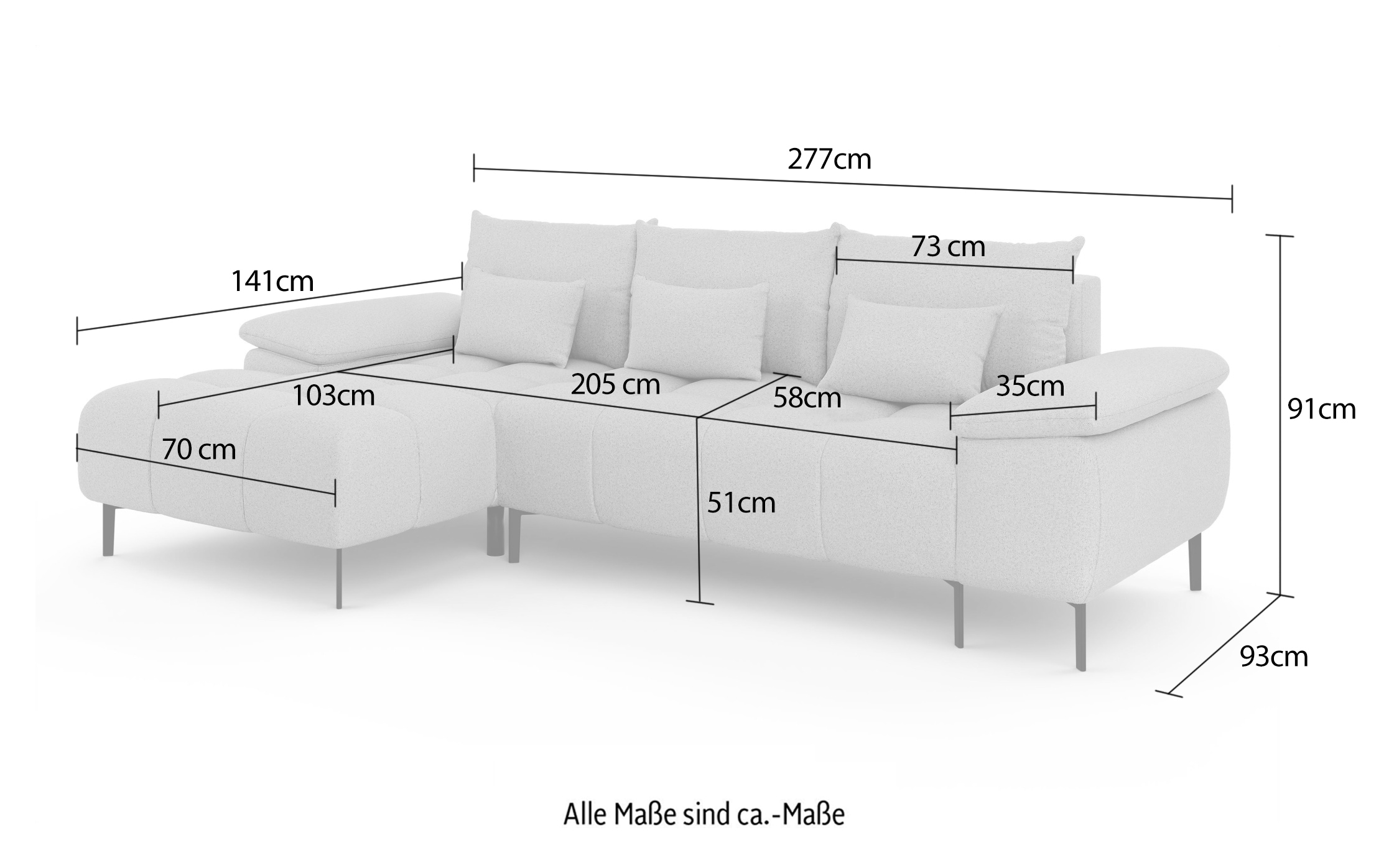 INOSIGN Ecksofa »DROMARA Schlafsofa mit Bettkasten, Masse: B/T/H 277/141/91 cm«, L-Form mit Recamiere rechts/links bestellbar, Wellenunterfederung