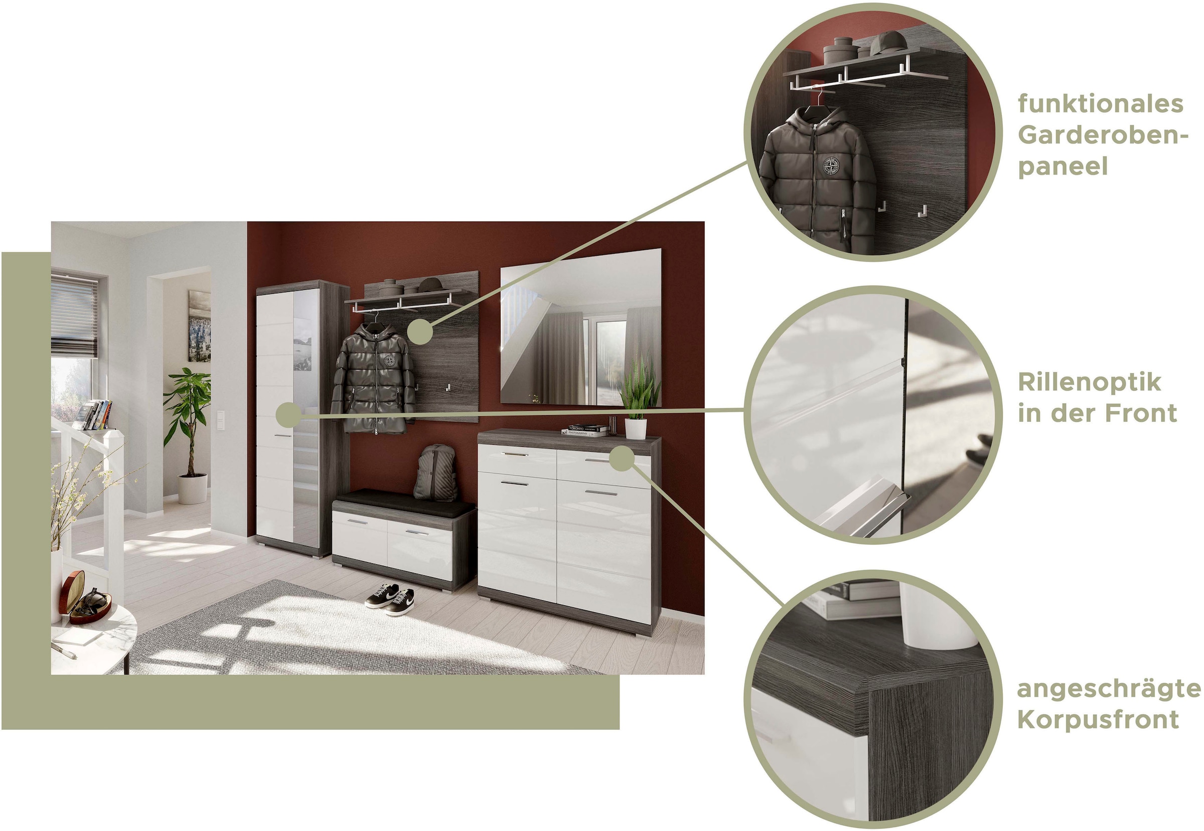 INOSIGN Schuhschrank »Siena, Breite 90 cm, 2 Türen, 2 Einlegeböden, 3 Fächer, 2 Schubkästen«, Front-Rillenfräsung, Schuhkommode, Kommode, Anrichte, Sideboard