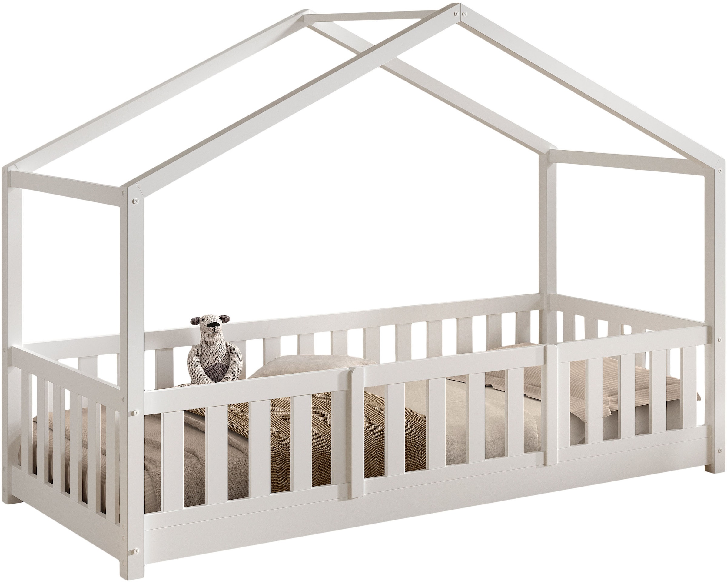 Image of Vipack Hausbett "Dallas, Massivholzbett mit Dachaufbau umbaubar vom Boden- zum Daybett" mit Bettschublade, wahlweise Kiefer massiv natur oder weiss