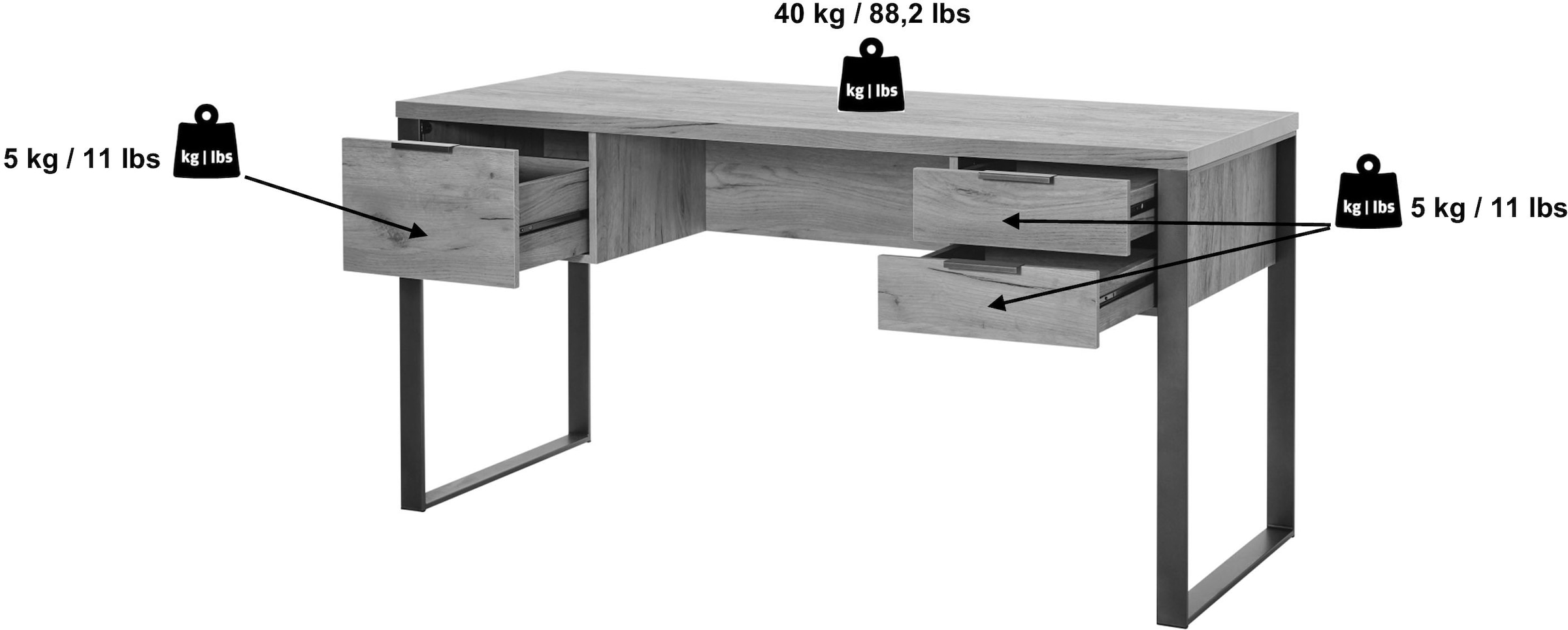 Jahnke Schreibtisch »LOOP D 150« Schreibtisch, Eiche-Optik, 3 Schubkästen, Metallrahmen, B:152,4 cm