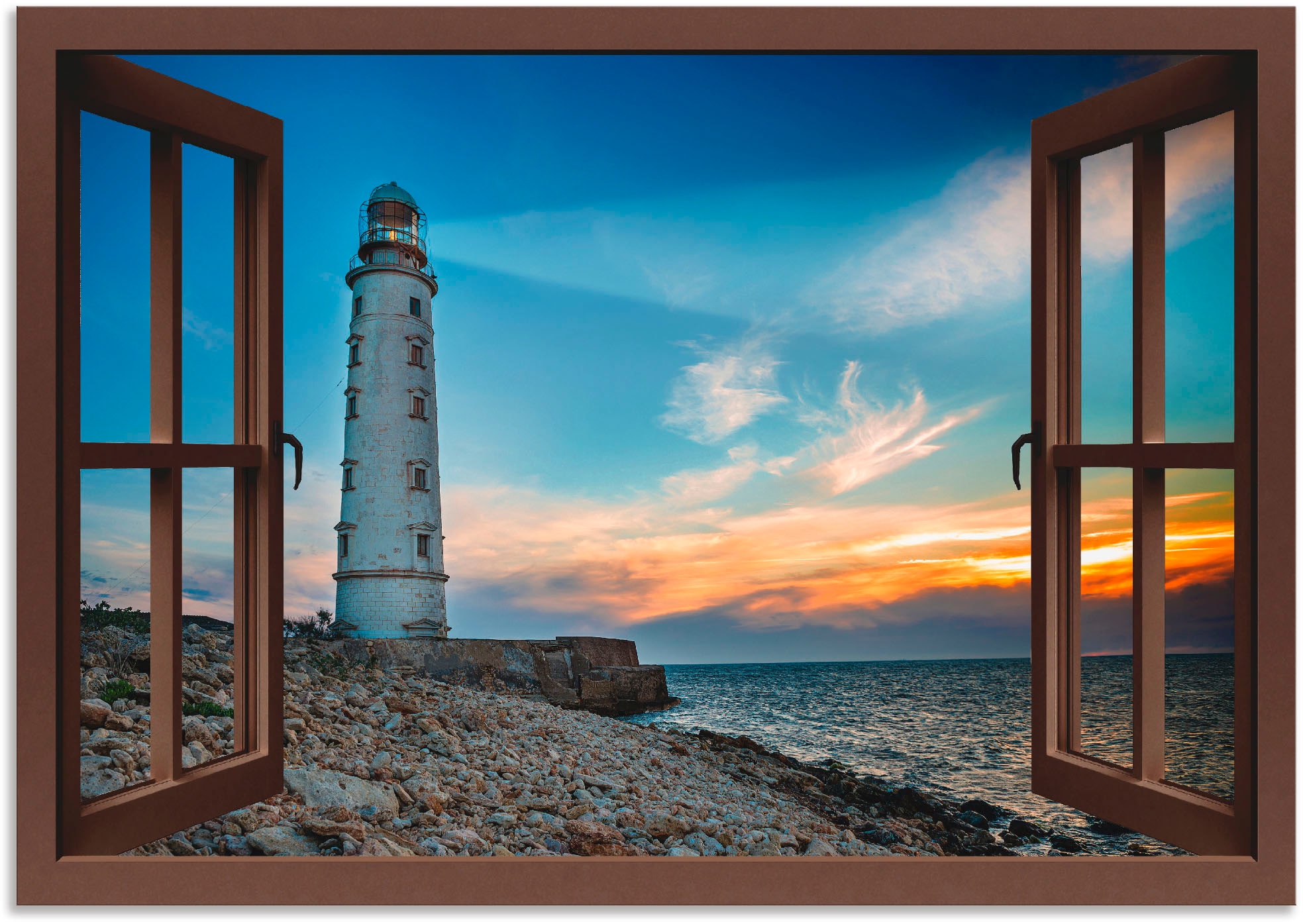 Image of Artland Alu-Dibond-Druck "Fensterblick Leuchtturm" Fensterblick 1 Stk. tlg. für Innen- und Aussenbereich geeignet, Outdoorbild