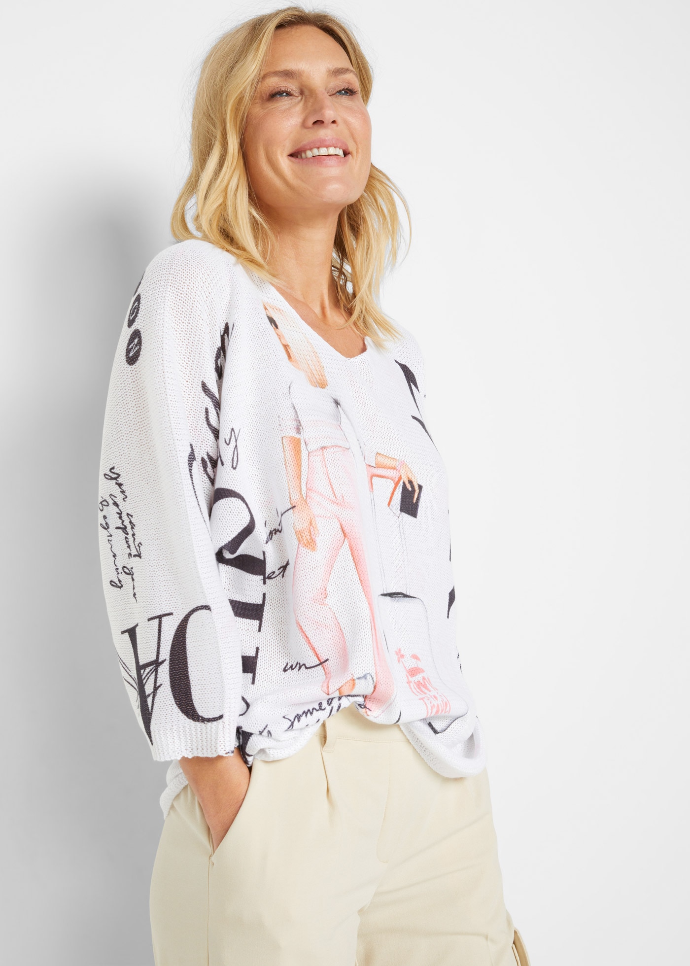 Image of bonprix Strickpullover 3/4-Fledermausärmel, cooler Alloverprint, bequeme Passform
