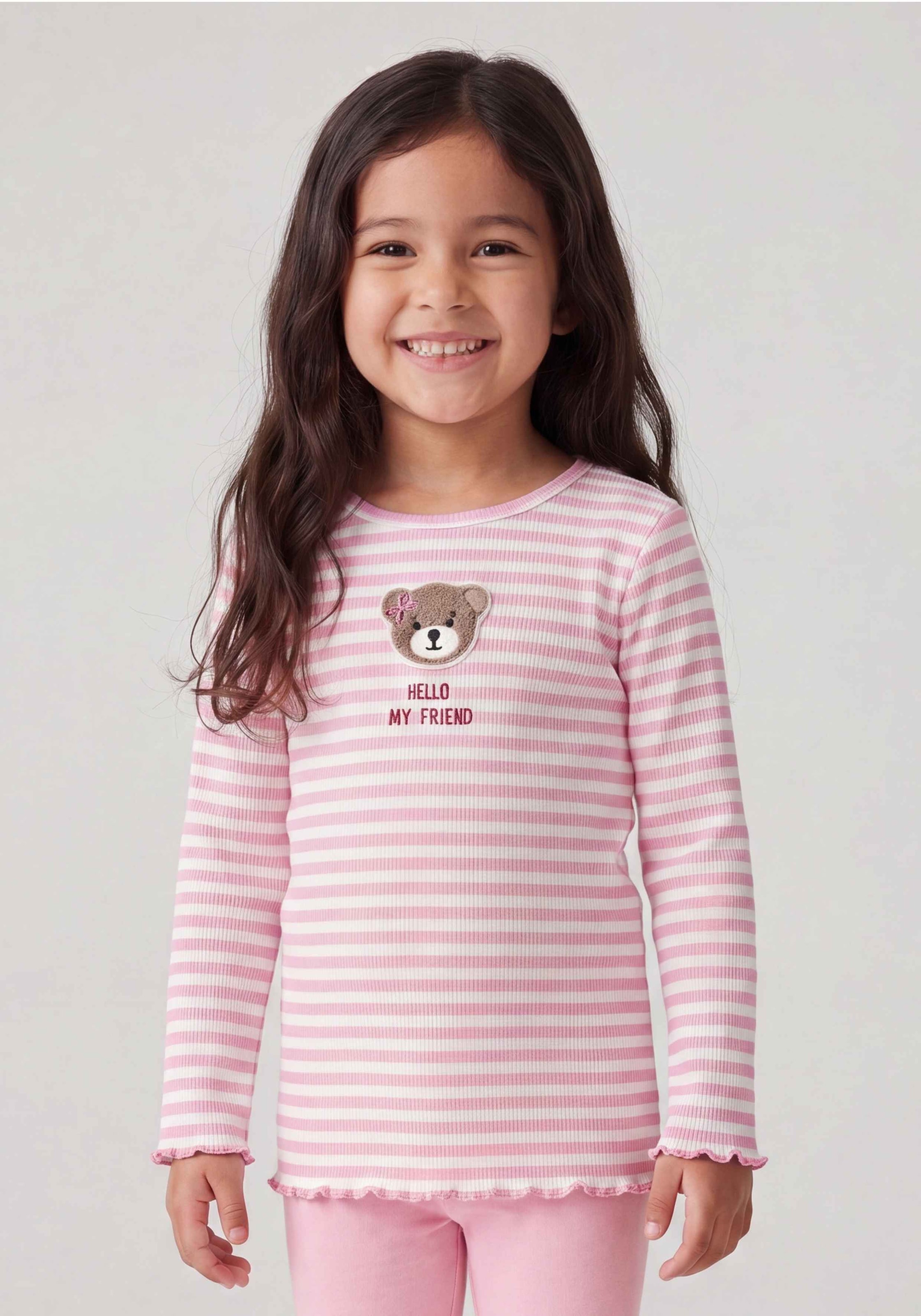 STACCATO Langarmshirt 2 2er Pack / gestreift-unifarben / Bärchen-Aufnäher / für Girls