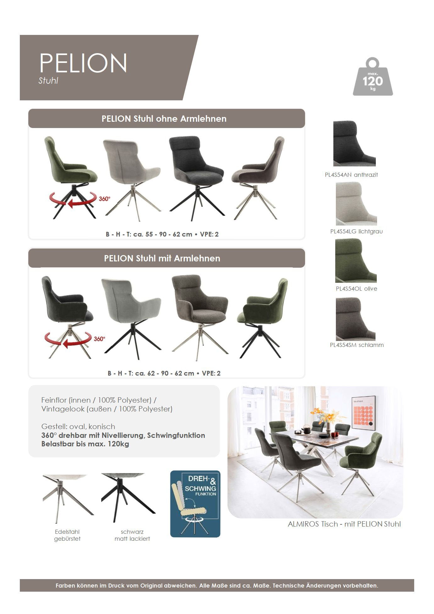 MCA furniture Chaise de salle à manger »PELION« () (2er-Set), drehbar 360°, Dreh- & Schwingfunktion, Sitzhöhe ca. 50 cm