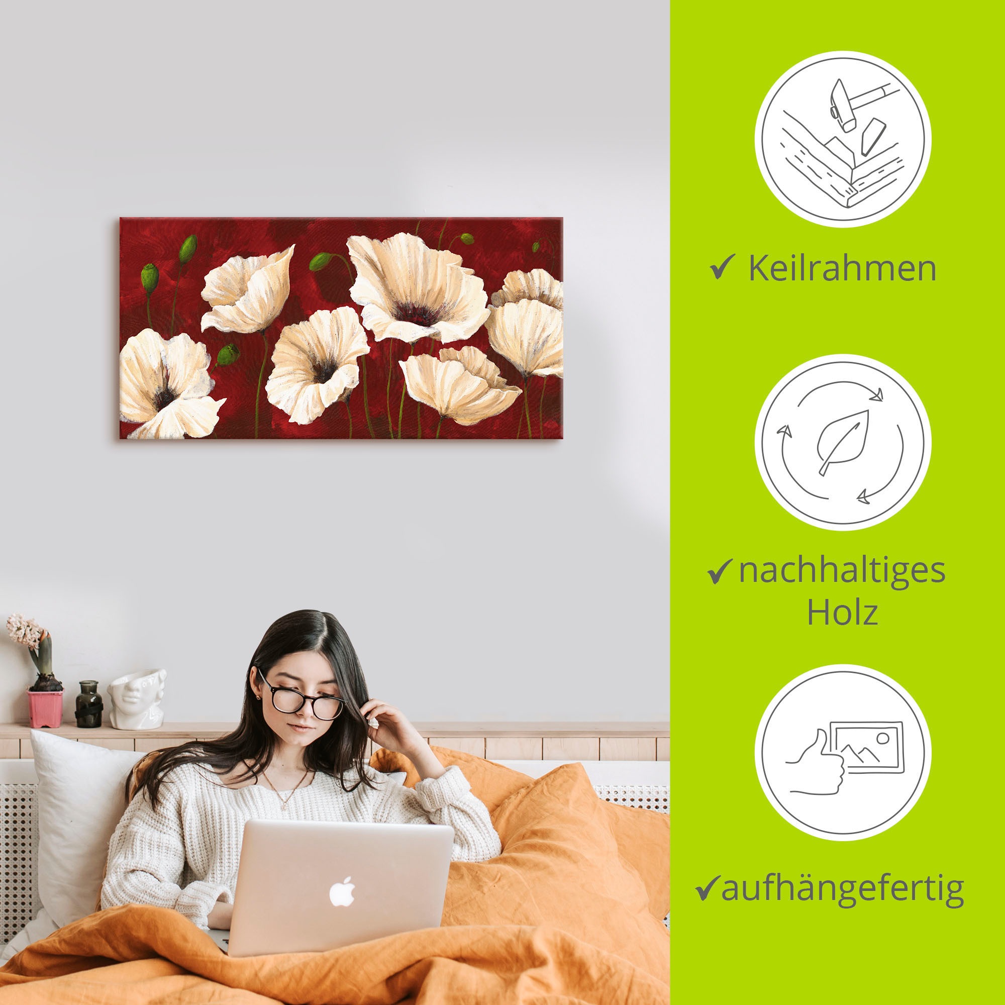 Artland Wandbild »Weisse Mohnblumen vor rot« Blumen 1 Stk. tlg. als Leinwandbild, Poster in verschied. Grössen