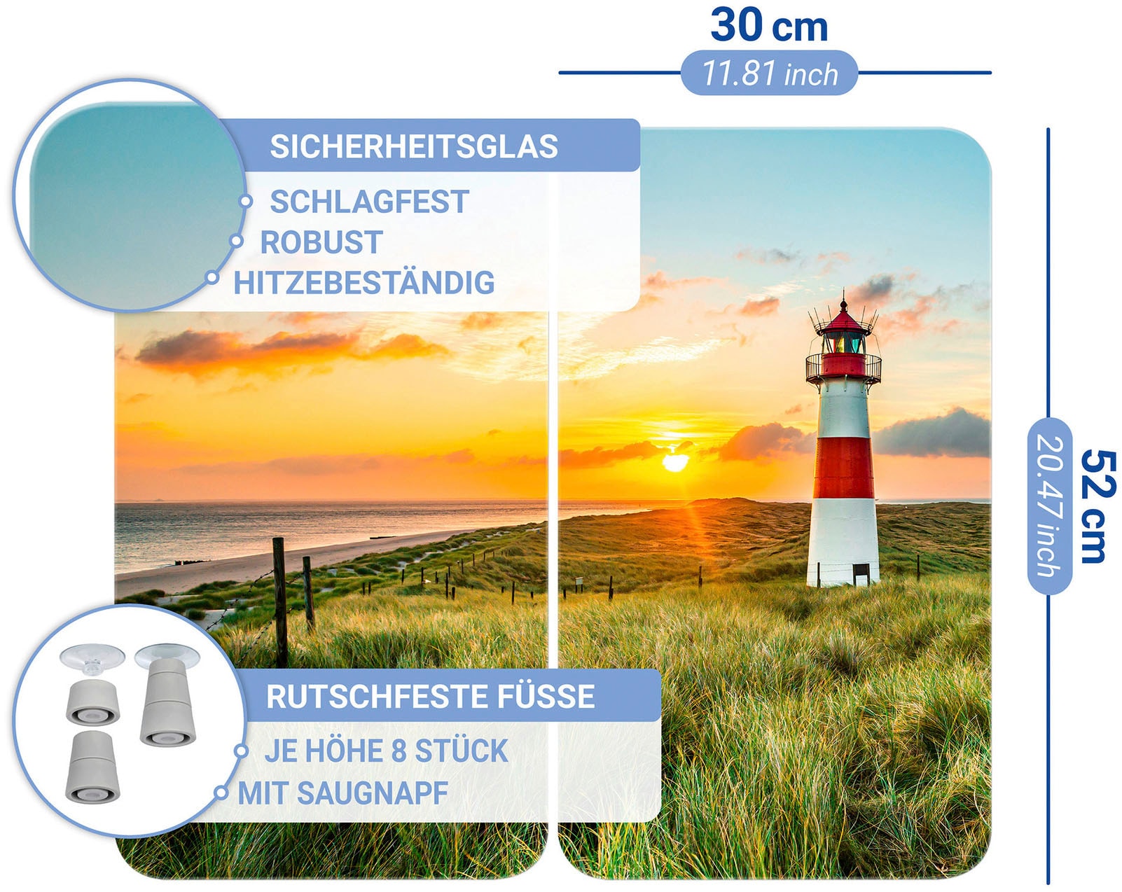 WENKO Herd-Abdeckplatte »Universal Modell Leuchtturm«, (Set, 2 tlg.), Herdabdeckung für alle Herdarten, kratzfest, mit rutschfesten Füssen