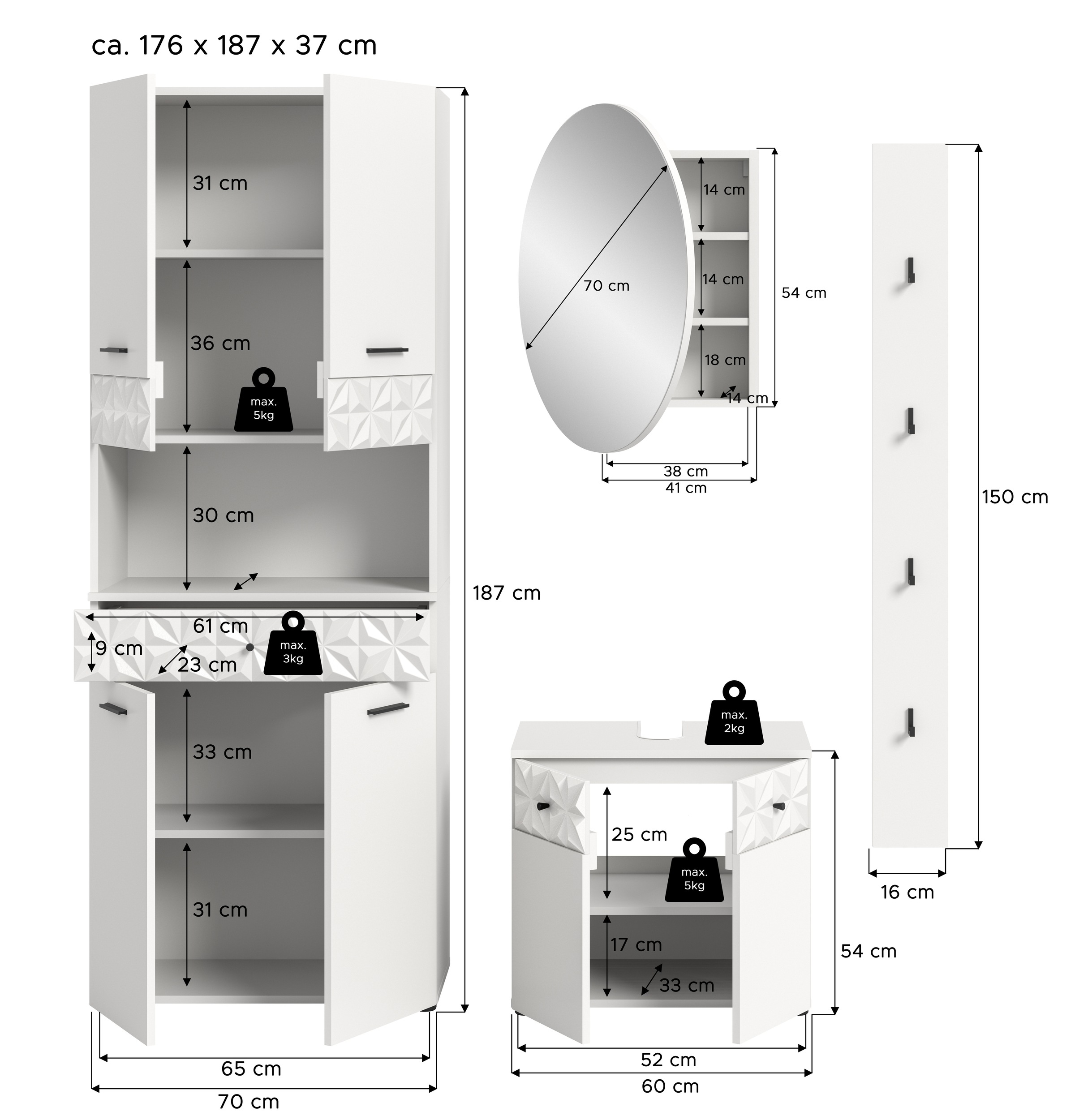 INOSIGN Ensemble de salle de bains »VICENZA, TOPSELLER!, Breite 176cm, 4-teilig, mit Ornamentabsetzung« Hochschrank, Waschbeckenunterschrank, Spiegelschrank und Hakenleiste, 
