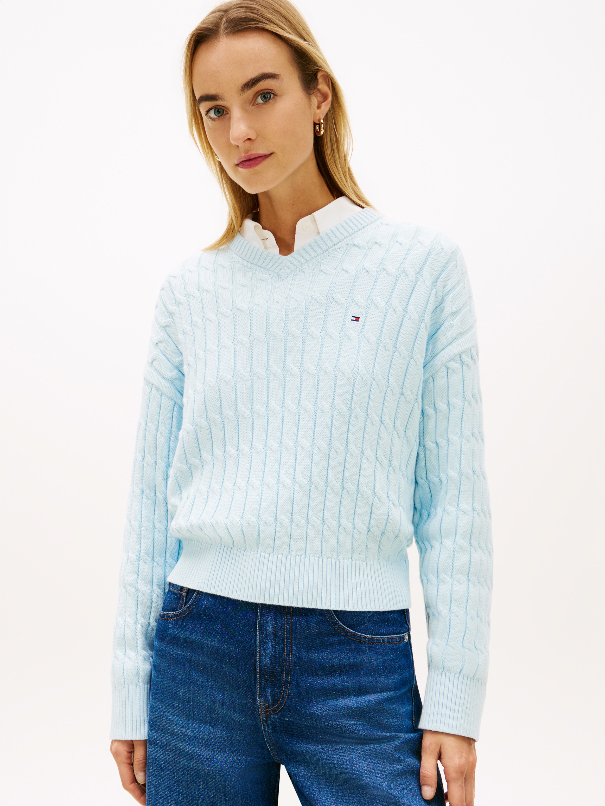 Tommy Hilfiger Pull en tricot »CO CABLE MID GG RLX LS V-NK SWT« avec motif torsadé