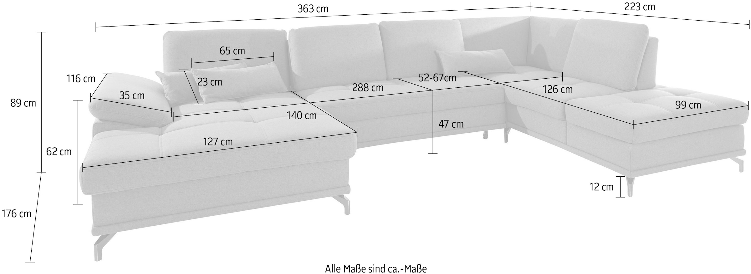 Places of Style Wohnlandschaft »Costello U-Form«, incl. Sitztiefenverstellung und Armlehnfunktion, 3 Nierenkissen