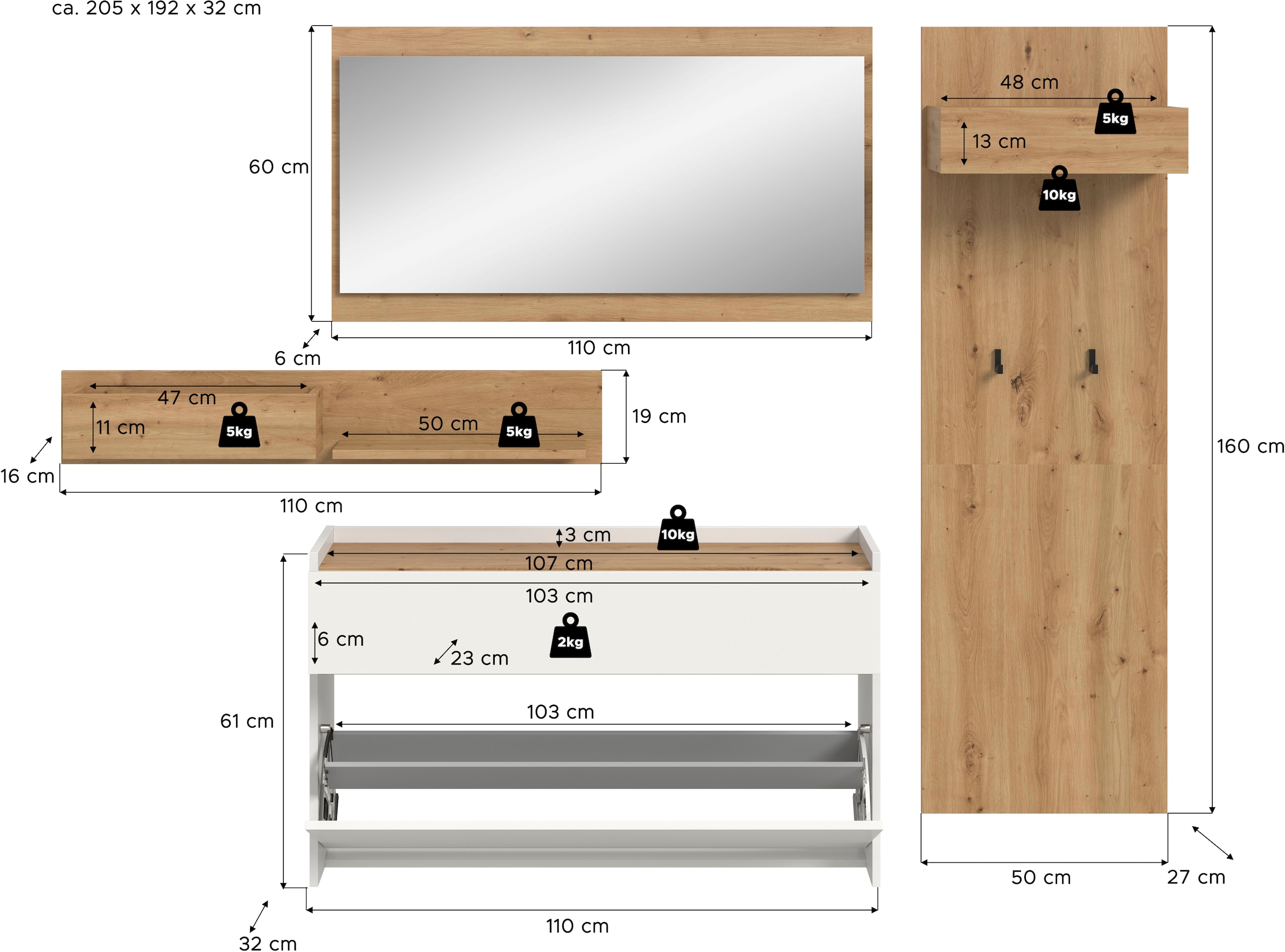 INOSIGN Ensemble de vestiaires »EVRID, 4-teilig, Breite 205 cm, individuell hängbar & erweiterbar« best. aus.: Wandboard, Kommode, Spiegel, Garderobenpaneel, 4 cuis tlg.