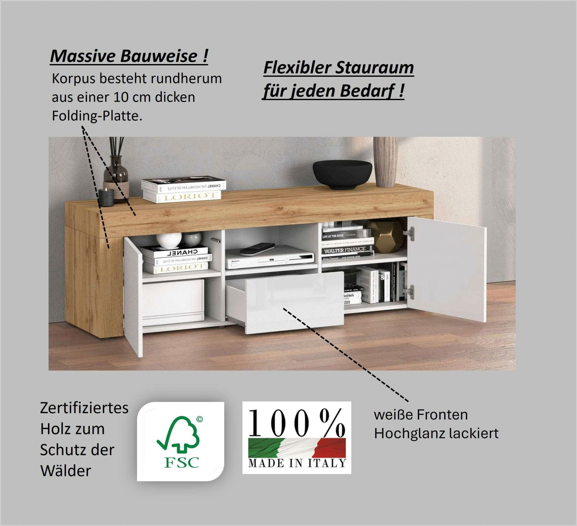 GOODproduct Table basse »CHRONOS Breite 155 cm mit 2 Türen, 1 Schublade,1 offenes Fach« 1 cuis tlg. TV-Board, Sideboard niedrig, Grifflos mit Push to Open 'Made in Italy'