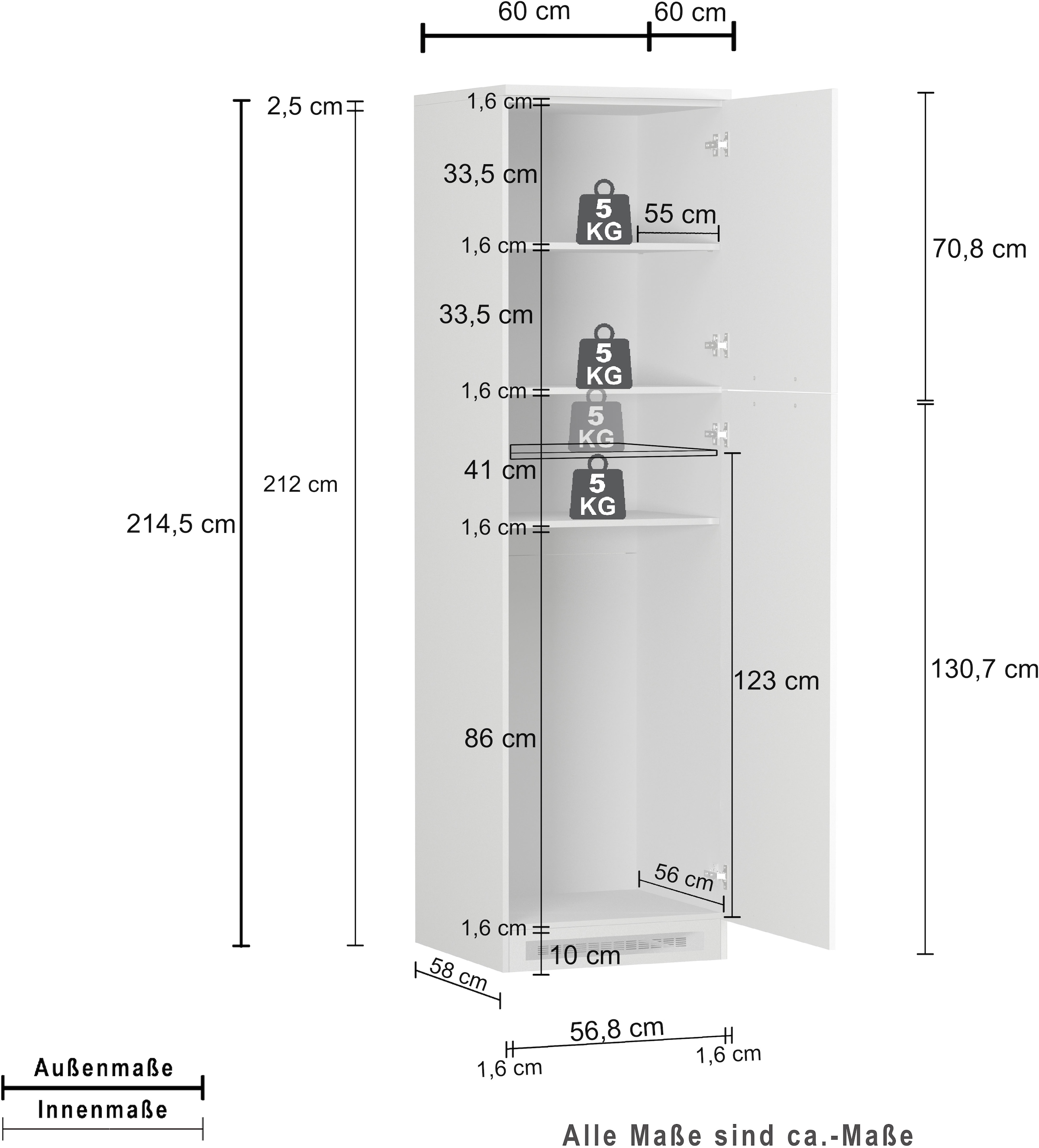 KOCHSTATION Armoire réfrigérée encastrable »Luna, Kühlschrank-Umbau, Einbauschrank für Kühlschrank, Made in Italy« B/T/H: 60×60×214,5 cm, für zwei Kühlschrankhöhen vorbereitet