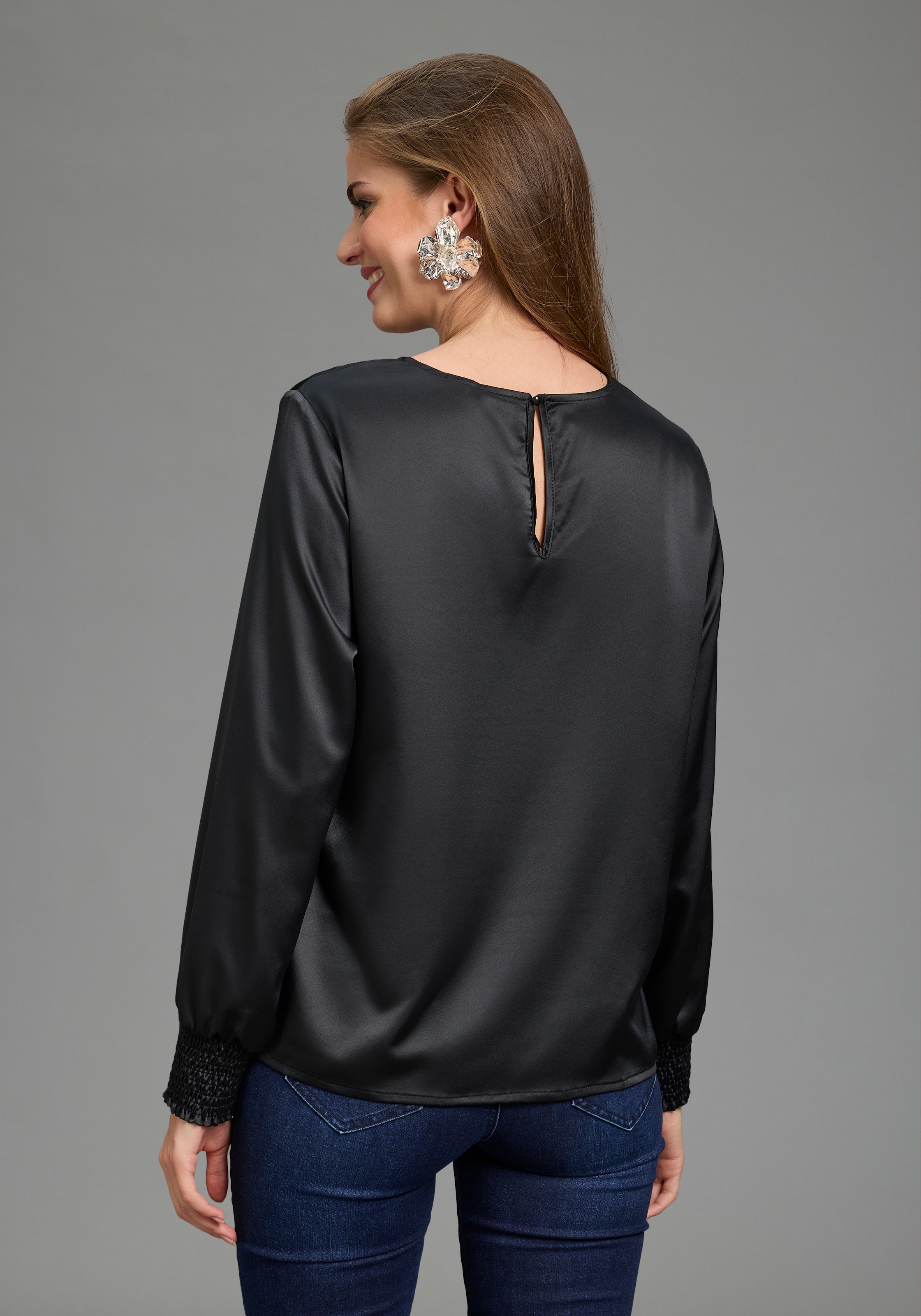 Laura Scott Blouse à enfiler Blouse en satin festive, bord côte élastique aux manches, tissu brillant