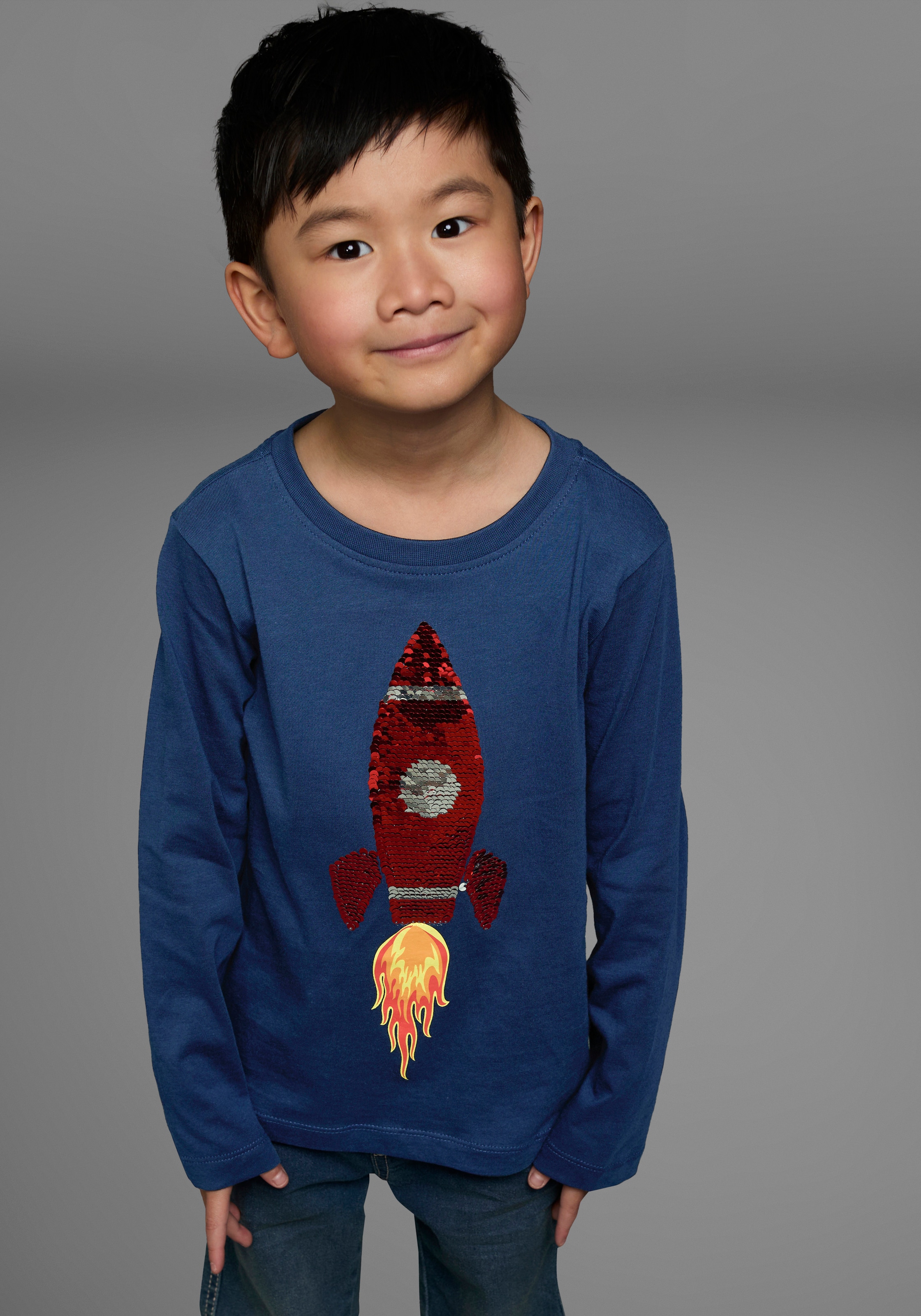 Image of KIDSWORLD Langarmshirt "Rakete aus Wendepailletten" langärmelige, Basic-Passform, aus Jerseystoff, aus Baumwolle