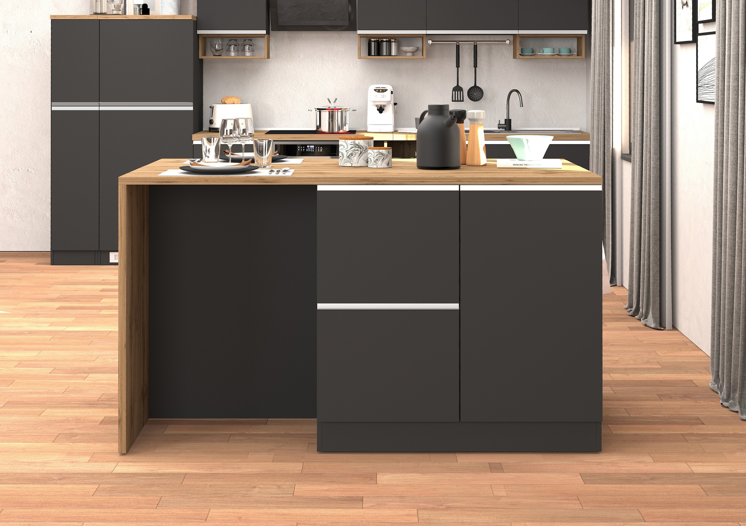 KOCHSTATION Ilot de cuisine »KS-Sole, Kochinsel, Küchenarbeitsblock, Inselküche, Arbeitsinsel« Breite 152,5 cm, mit Essplatz, Handtuchhalter, Fächer und Weinregal