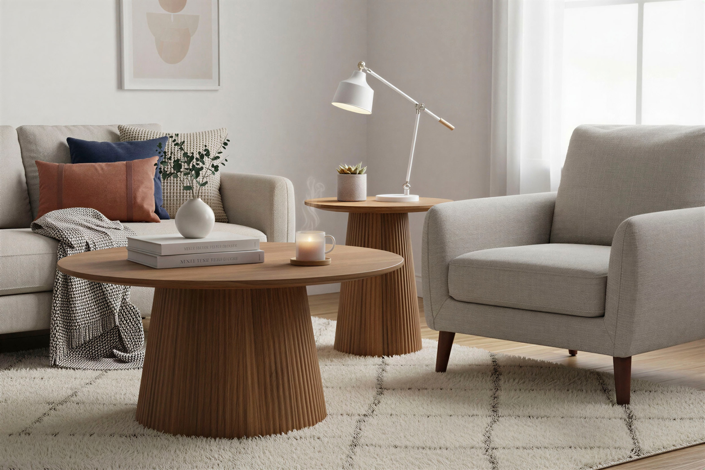 SIT Couchtisch »Brüssel aus Mangoholz mit Sockelfuss & Lamellendesign« runde Tischplatte Ø 80 cm & markanter Sockel in Lamellenoptik