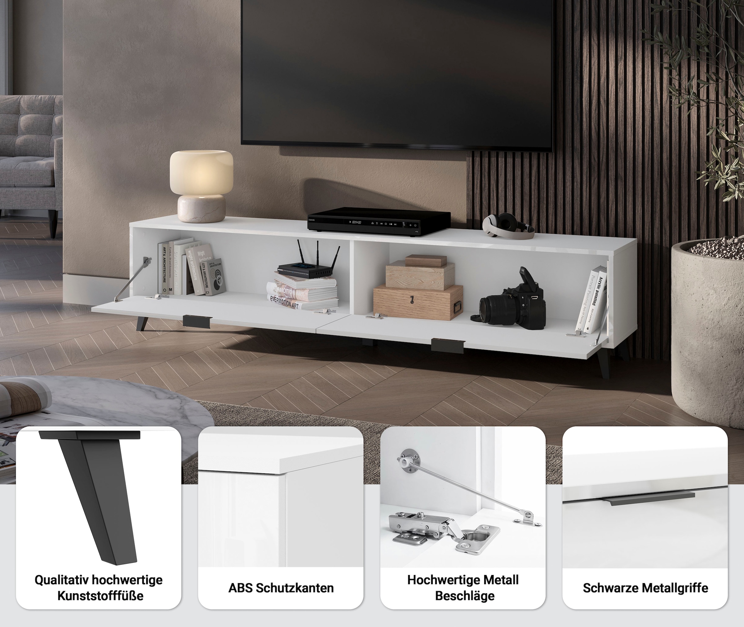 GOODproduct Table basse »Oslo, B/H/T: 180/40/33 cm« 2 rabats, poignées métalliques noires, pieds noirs