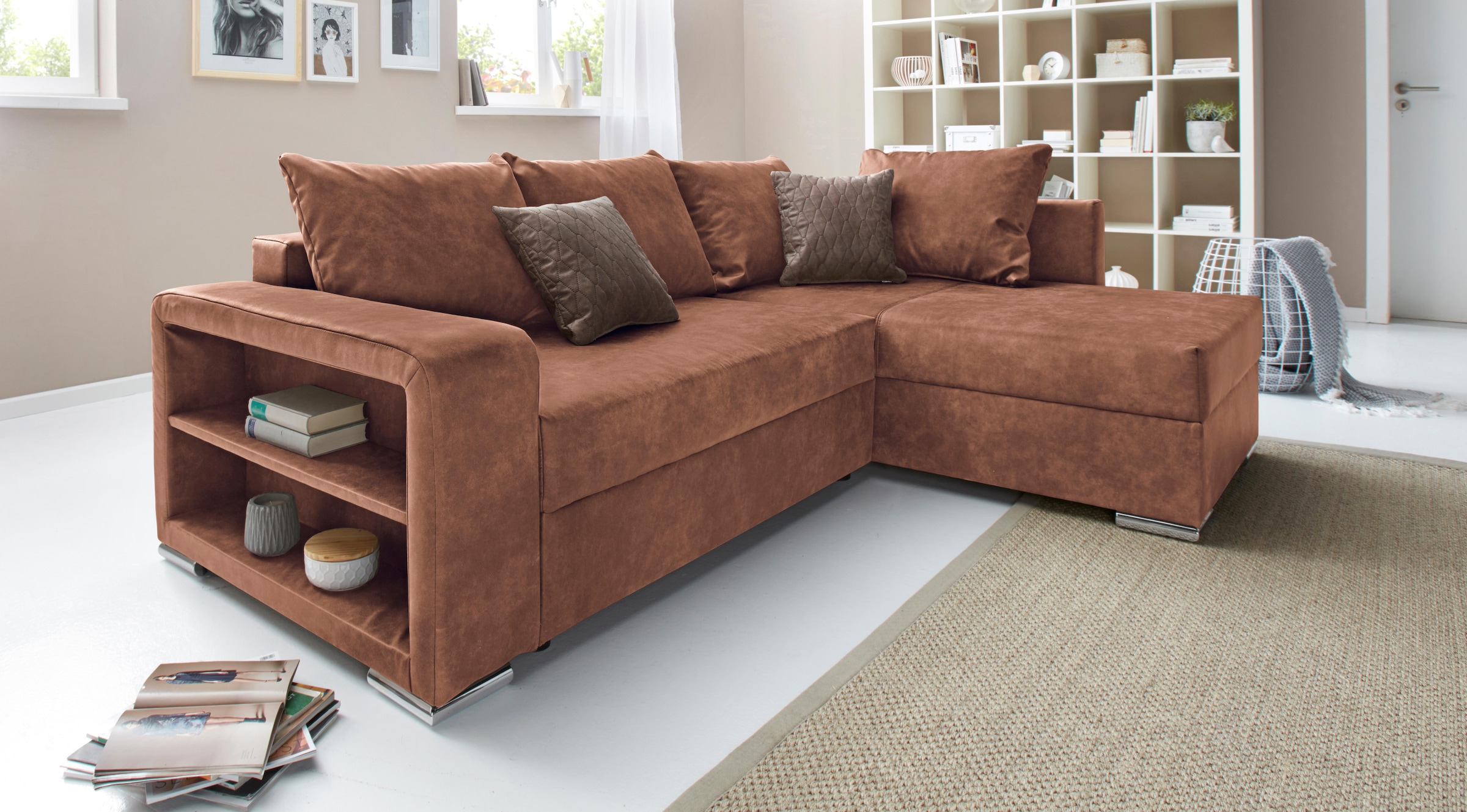 Image of COLLECTION AB Ecksofa "John L-Form, B: 226 cm" Schlaffunktion, Bettkasten, Regalelement & 2 Zierkissen, Federkern