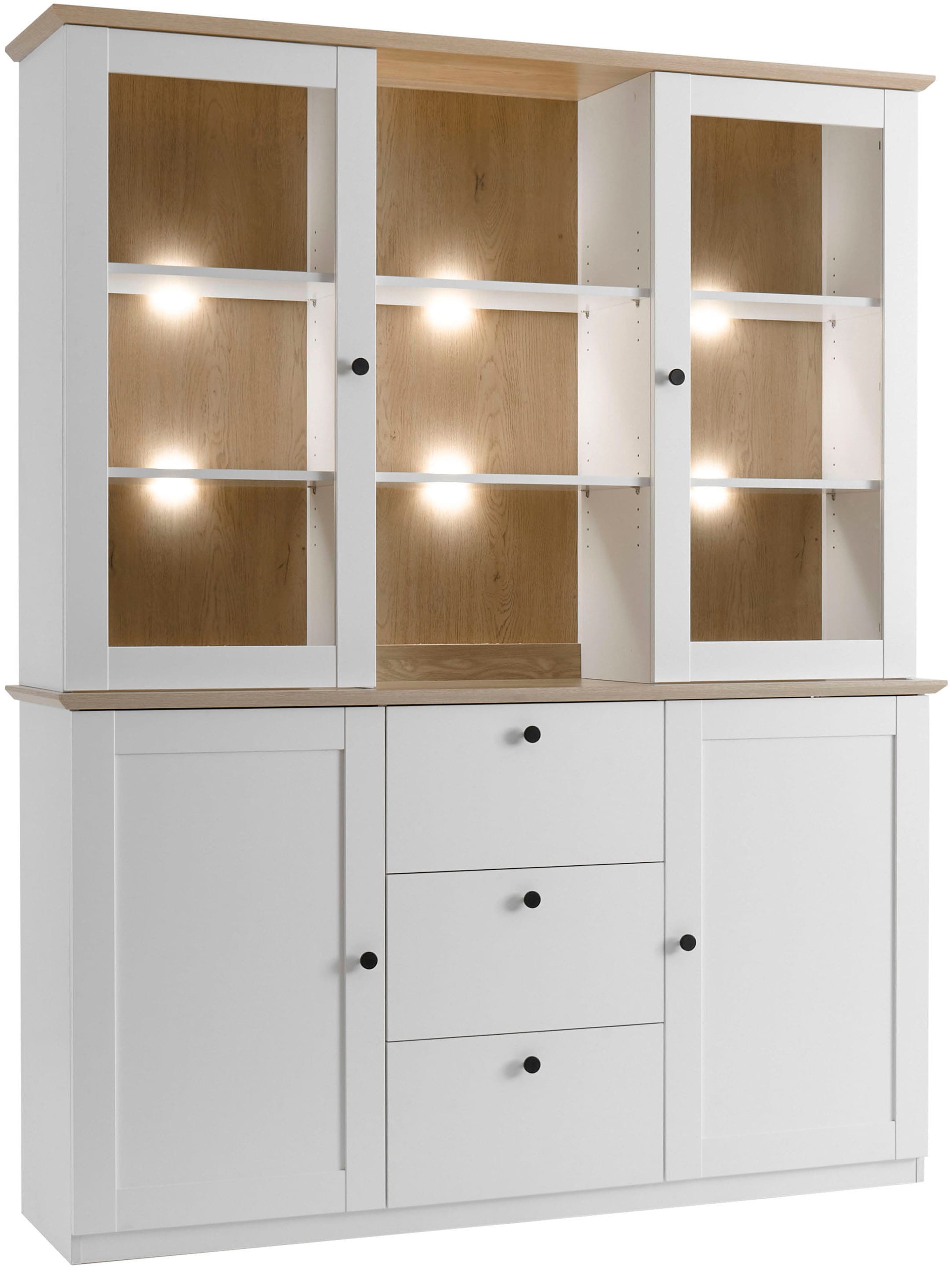 GOODproduct Buffet »Brest, Hochschrank im Landhausstil, Schrank, Küchenschrank« poignées en métal noir, beaucoup d'espace de rangement, portes vitrées, 164 cm de large