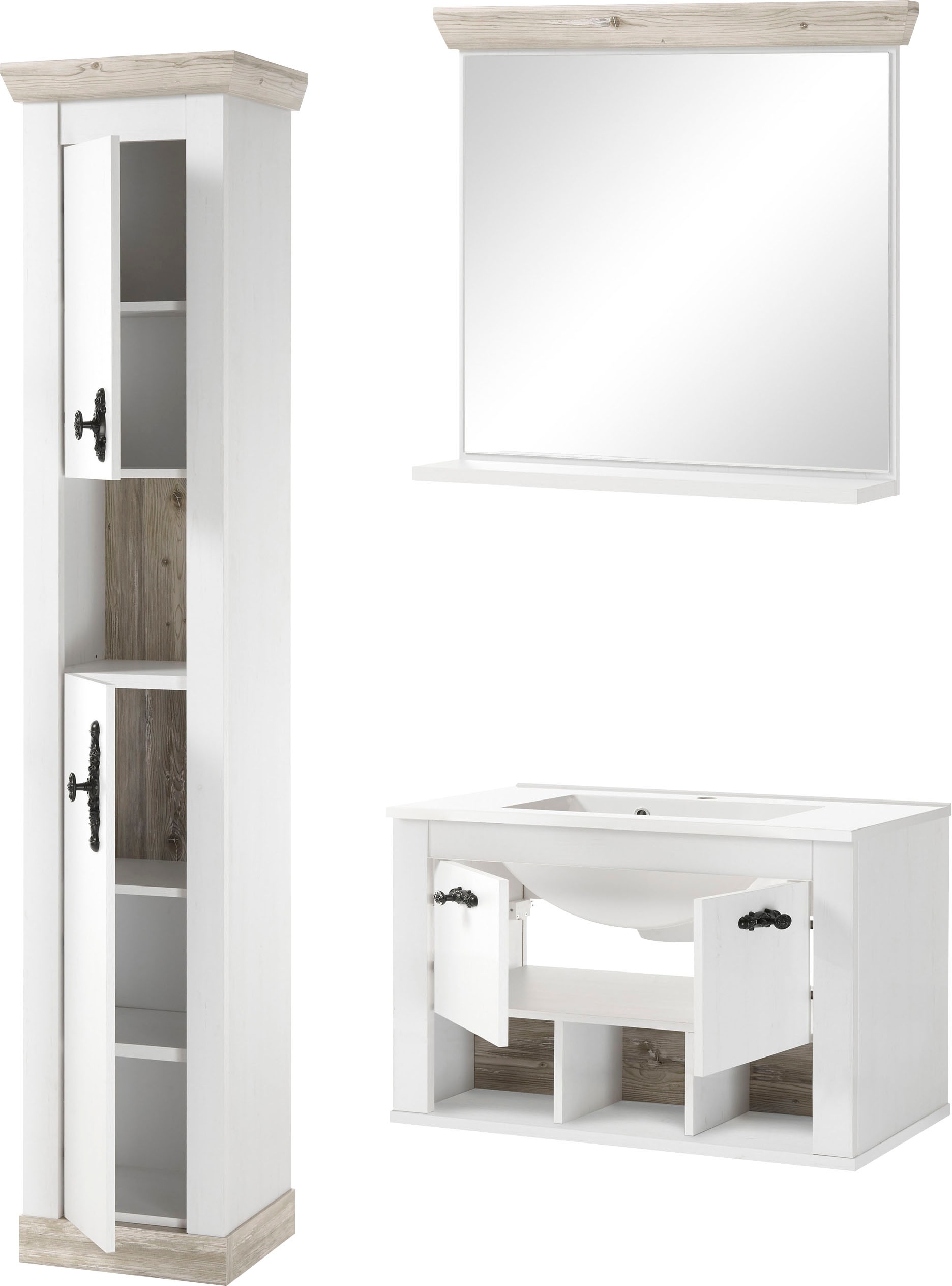 Home affaire Badmöbel-Set »Florenz, Bad im Landhausstil, 3-teiliges Badezimmer«, (3 St.), Hänge-Waschtisch, Schrank und Spiegel, in Pinie Weiss, Stauraum