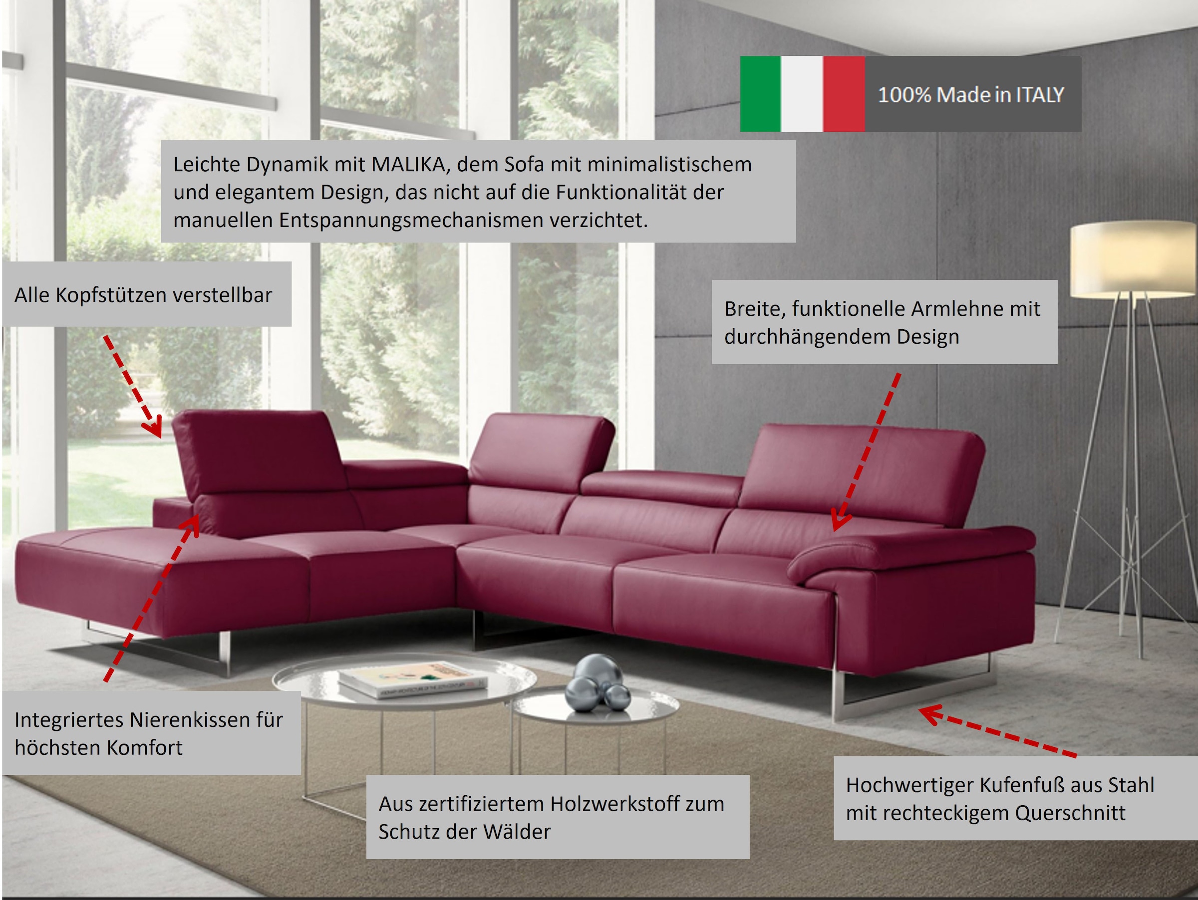 Egoitaliano Ecksofa »Malika, elegant und bequem, Designsofa, L-Form«, mit Ottomane, inkl. Kopfteilverstellung und chromfarbenen Metallfüssen