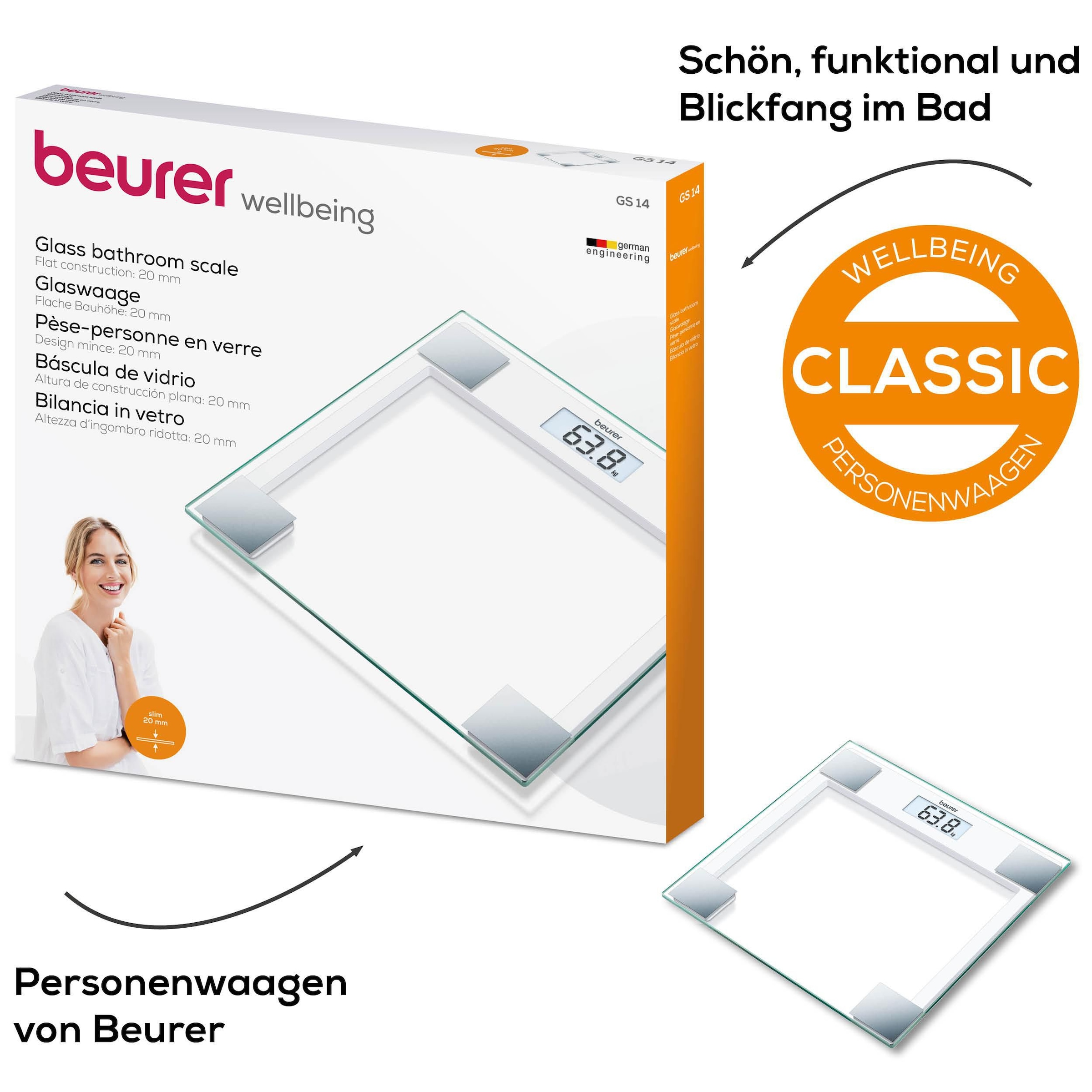 BEURER Personenwaage »GS 14 mit Wiegefläche aus extra klarem Sicherheitsglas« Flache Bauhöhe, Tragkraft bis 150 kg, Überlastungsanzeige