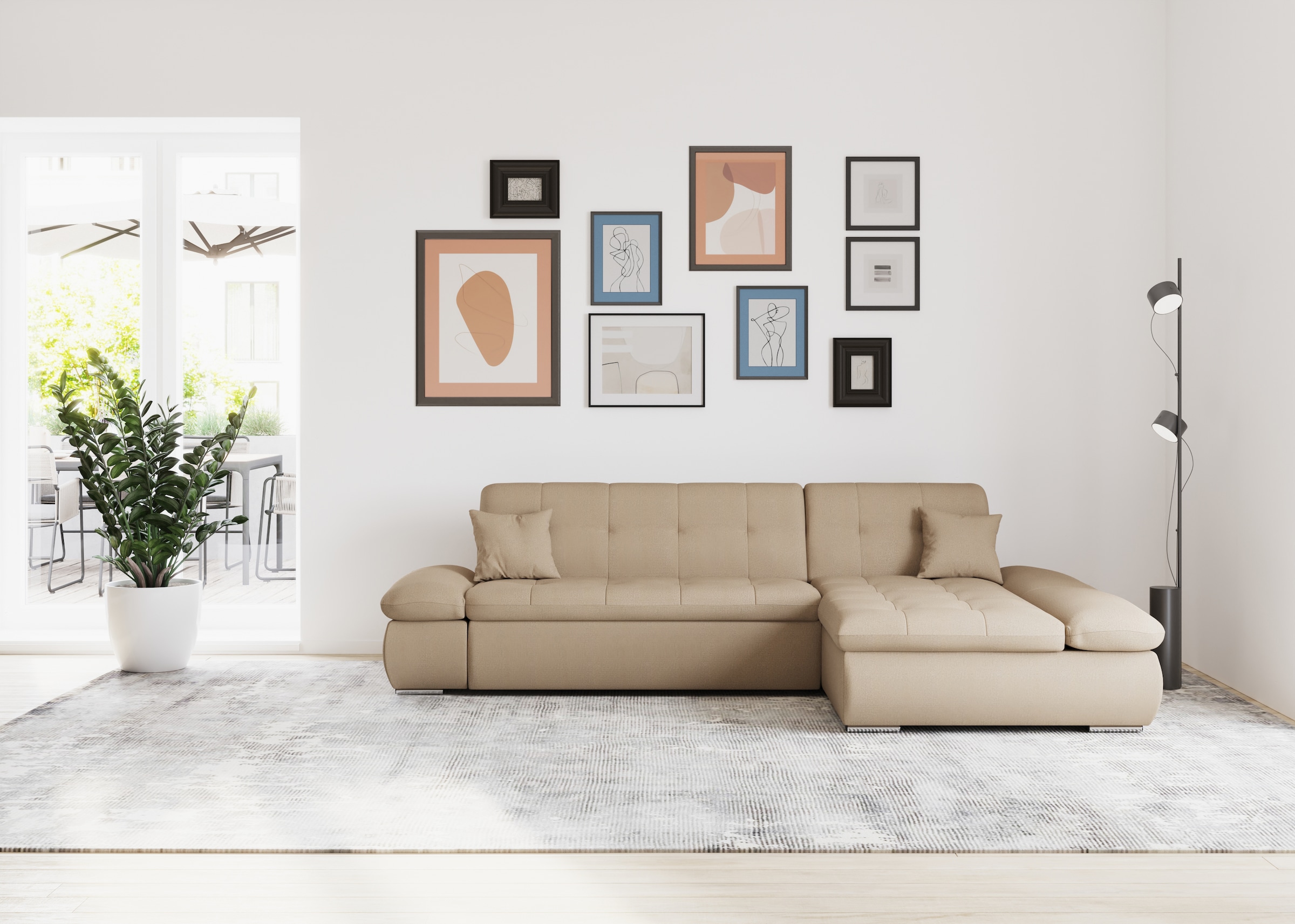 Image of DOMO collection Ecksofa "MORIC 300x172 cm, XXL-Sofa mit viel Platz, L-Form, auch in Cord" wahlweise mit Bettfunktion und Armteilverstellung, cappucino