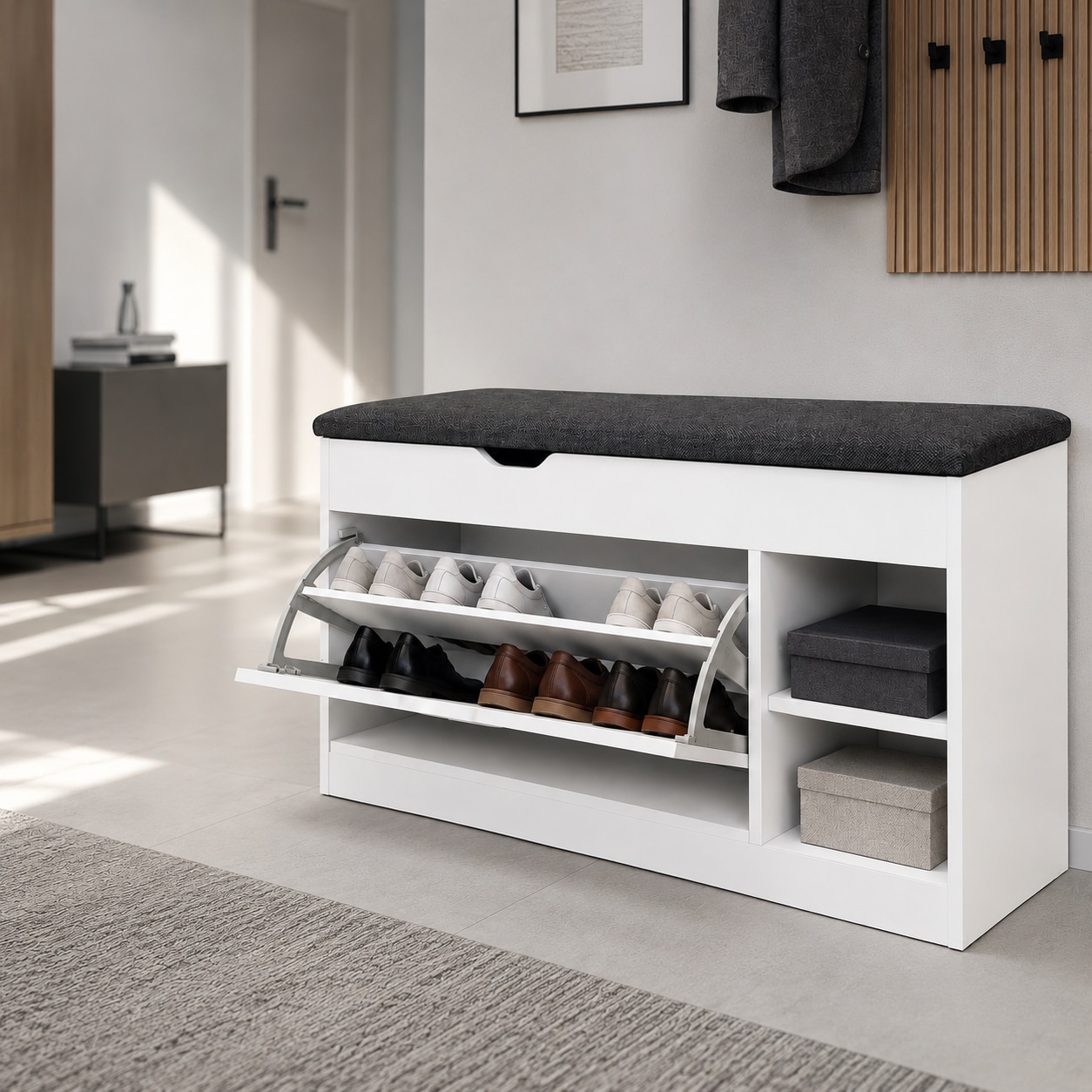 GOODproduct Schuhbank »Eric, Schuhregal, Schuhtruhe, Schuhkommode, Sitzbank« Inkl. bequemem Sitzkissen, darunter 1 Klappe für Schuhe und 2 Fächer