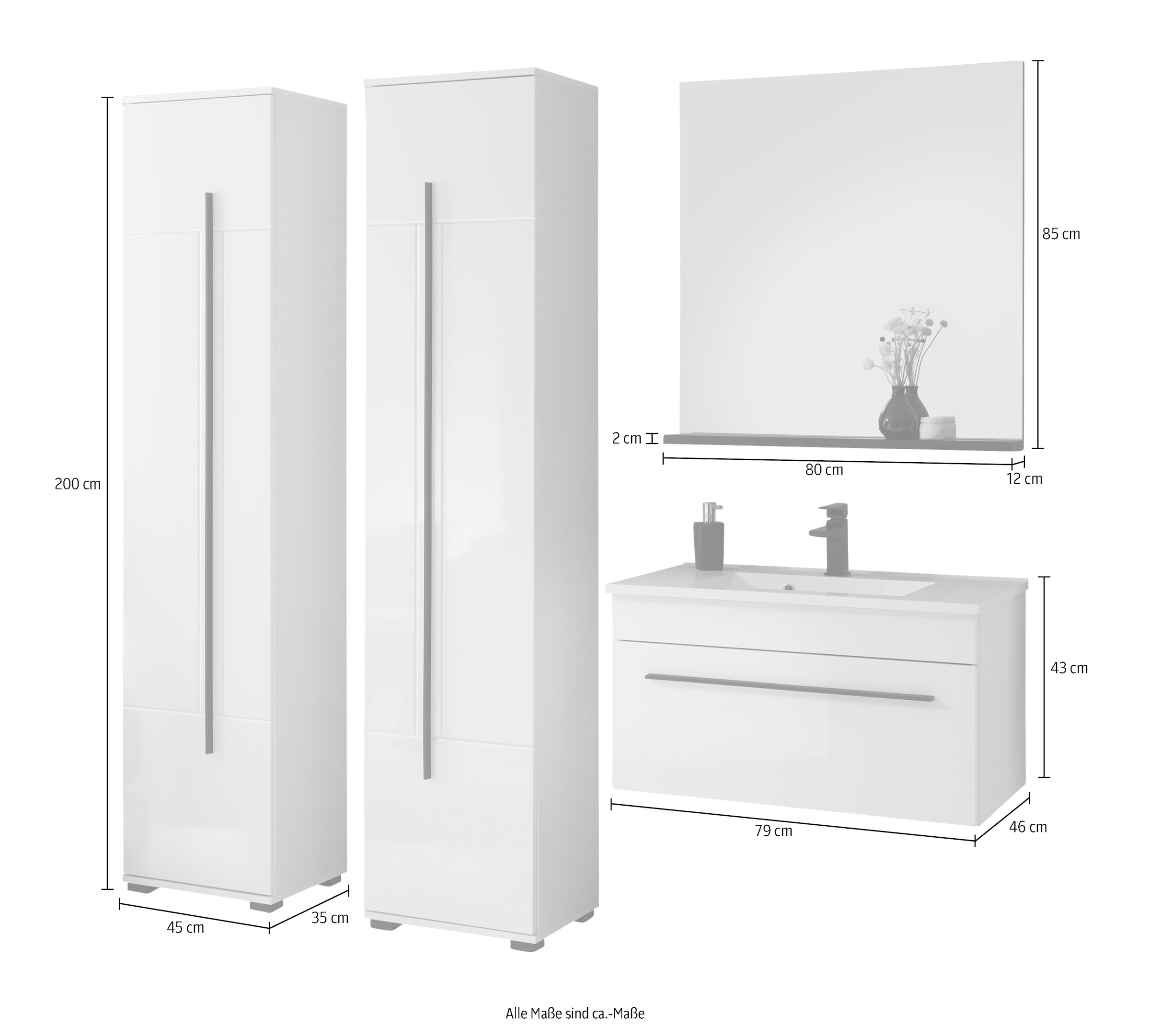 INOSIGN Badmöbel-Set »Cantara, Bad im modernen Design, 4-teiliges Badezimmer«, (Set, 4 St.), Waschtisch, Schränke und Spiegel, in Weiss Hochglanz, viel Stauraum