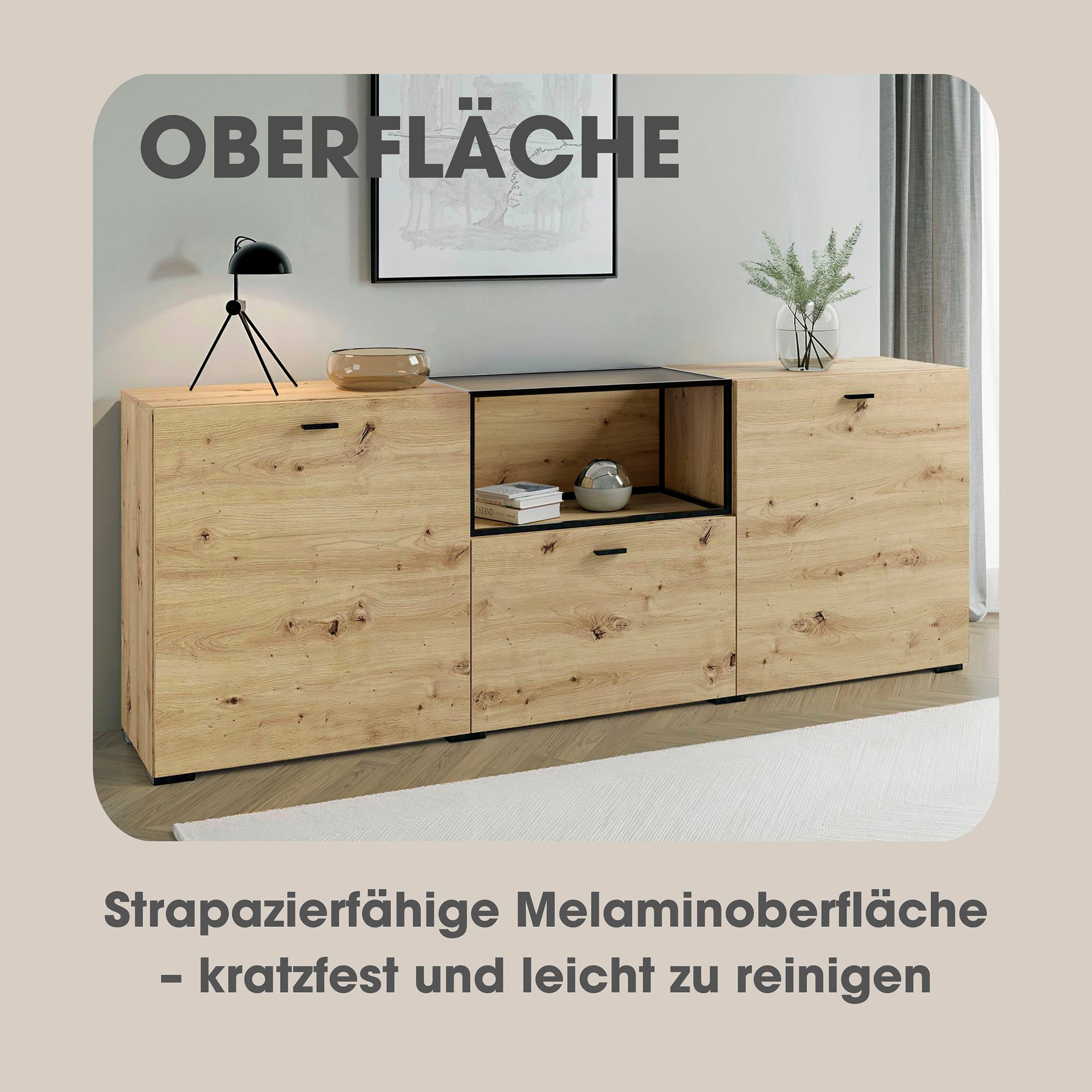 byLIVING Sideboard »Frame« 1 Stk. tlg. moderne Kommode mit Metalleinsatz und Glasplatte, 200cm breit.