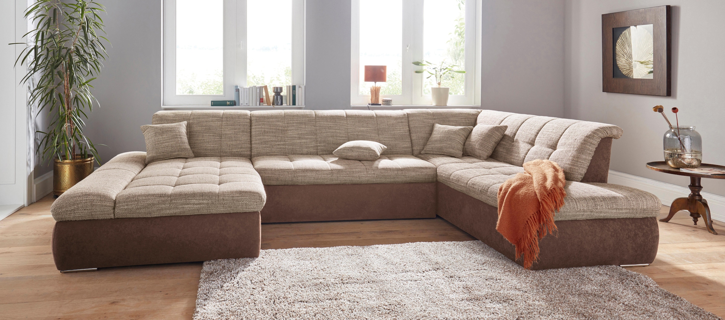 DOMO collection Wohnlandschaft »PB Moric wahlweise mit Bettfunktion und Armteilverstellung  U-Form«, XXL-Format B/T/H: 353/216/80 cm, feine Steppung, incl. Zierkissen