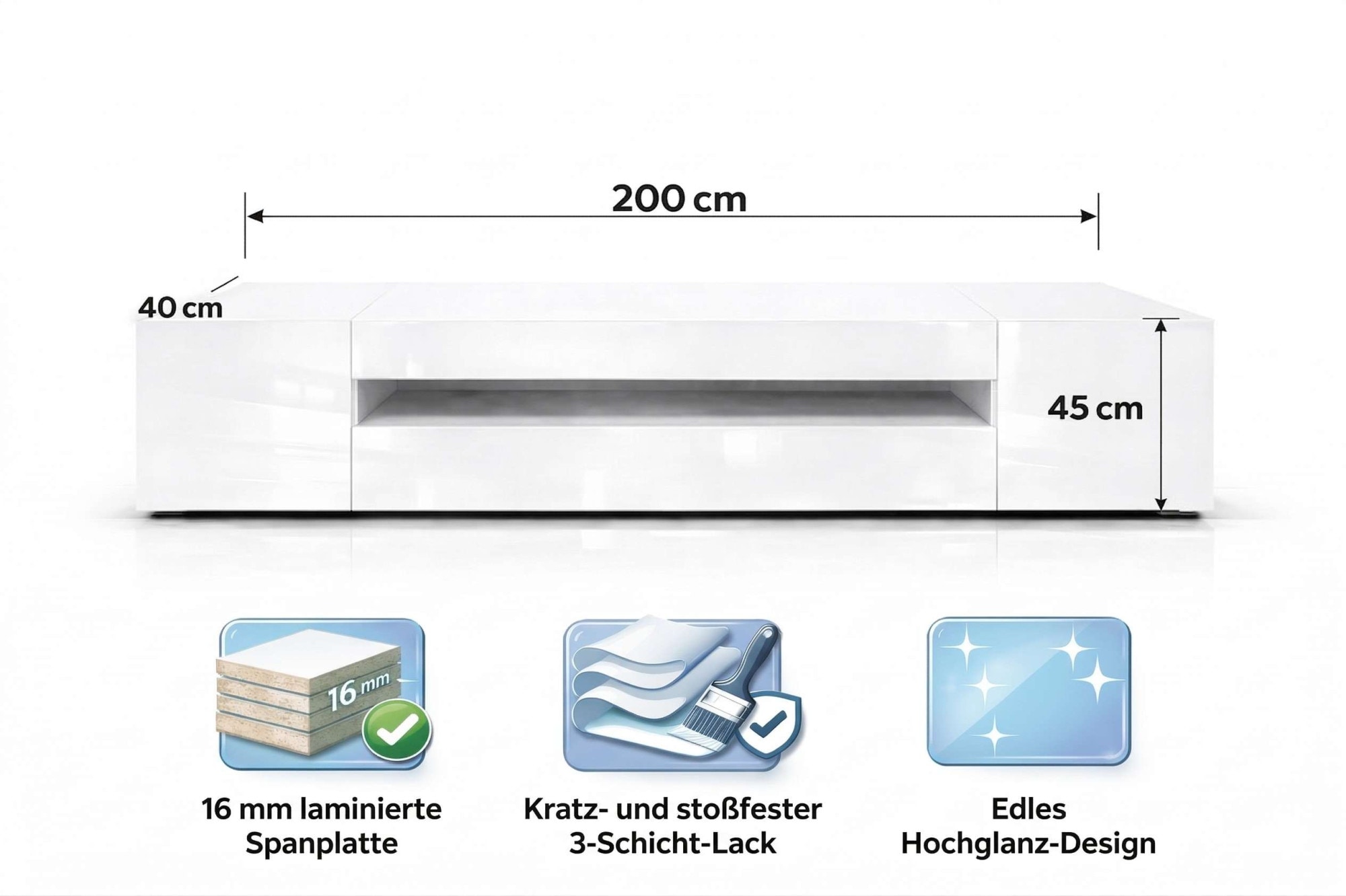 GOODproduct Lowboard »LORENZO 2, TV-Board, TV-Kommode, TV-Schrank, TV-Unterschrank, TV-Möbel« Modernes lackiertes Hochglanz TV-Board, grifflos, Breite 200 cm