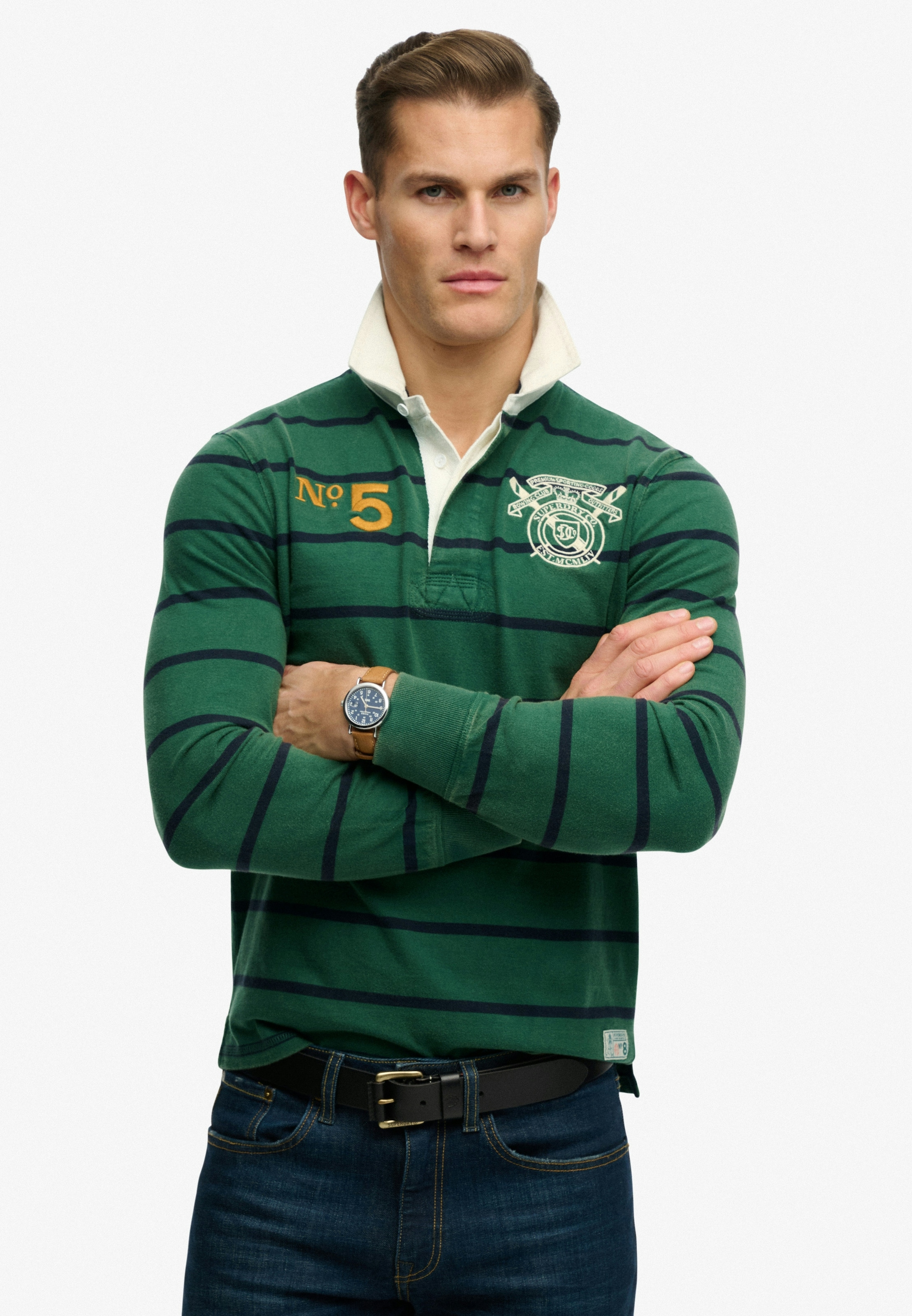 Image of Superdry Langarmshirt "DOUBLE EMBLEM STRIPE RUGBY" aus Baumwolle und Single Jersey, Relaxed Fit, gestreifte Optik
