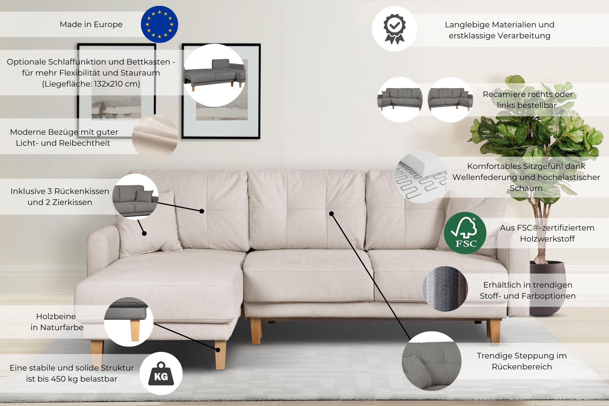 Home affaire Ecksofa »TRIPLO optionale Schlafsofa mit Bettkasten, Masse B/T/H: 234/164/89 cm« L-Form wahlweise mit Bettfunktion - Liegefläche 132x210 cm
