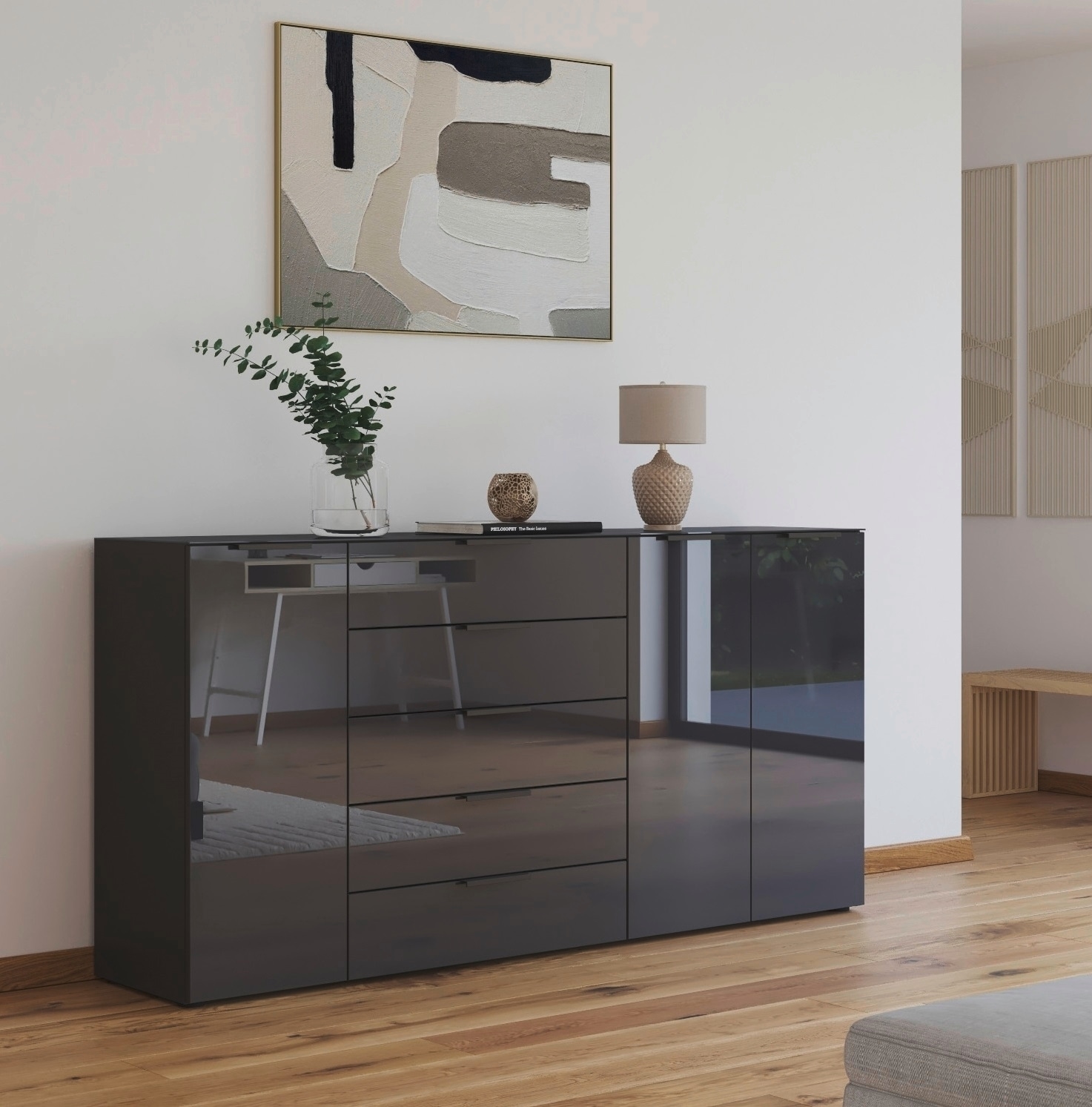 rauch Commode combinée »Kommode Türkommode Sideboard Kombikommode FLIPP mit Glasfront« Largeur 200 cm avec 4 étagères,  3 portes, 5 tiroirs, fonction soft-close, dessus et façade en verre